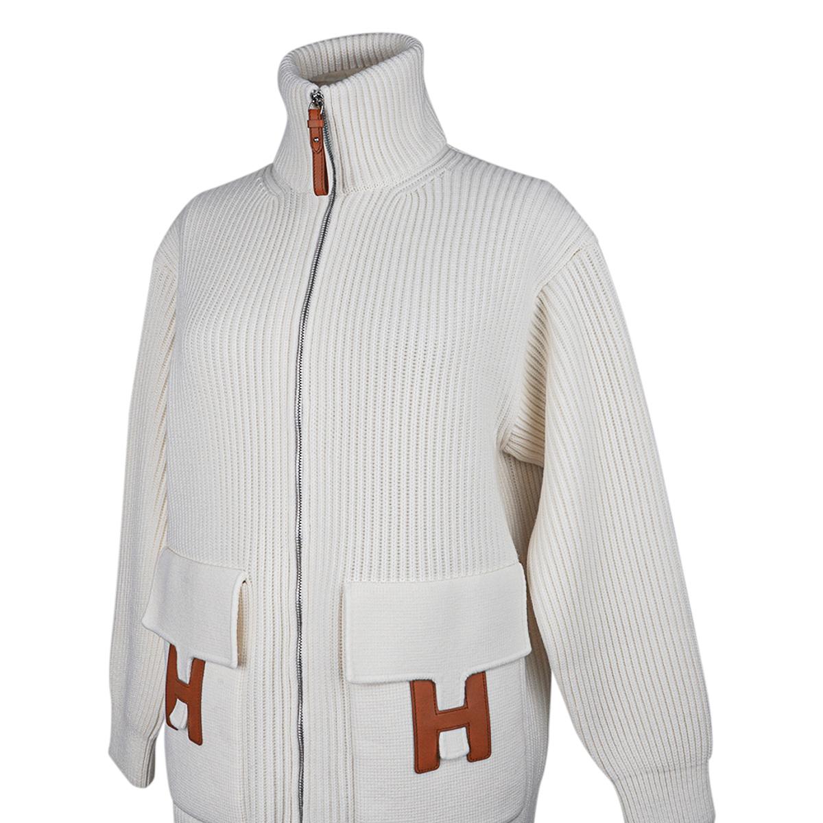Hermes Cardigan Zip Winter White Sweater Brown Leather H 42 1
