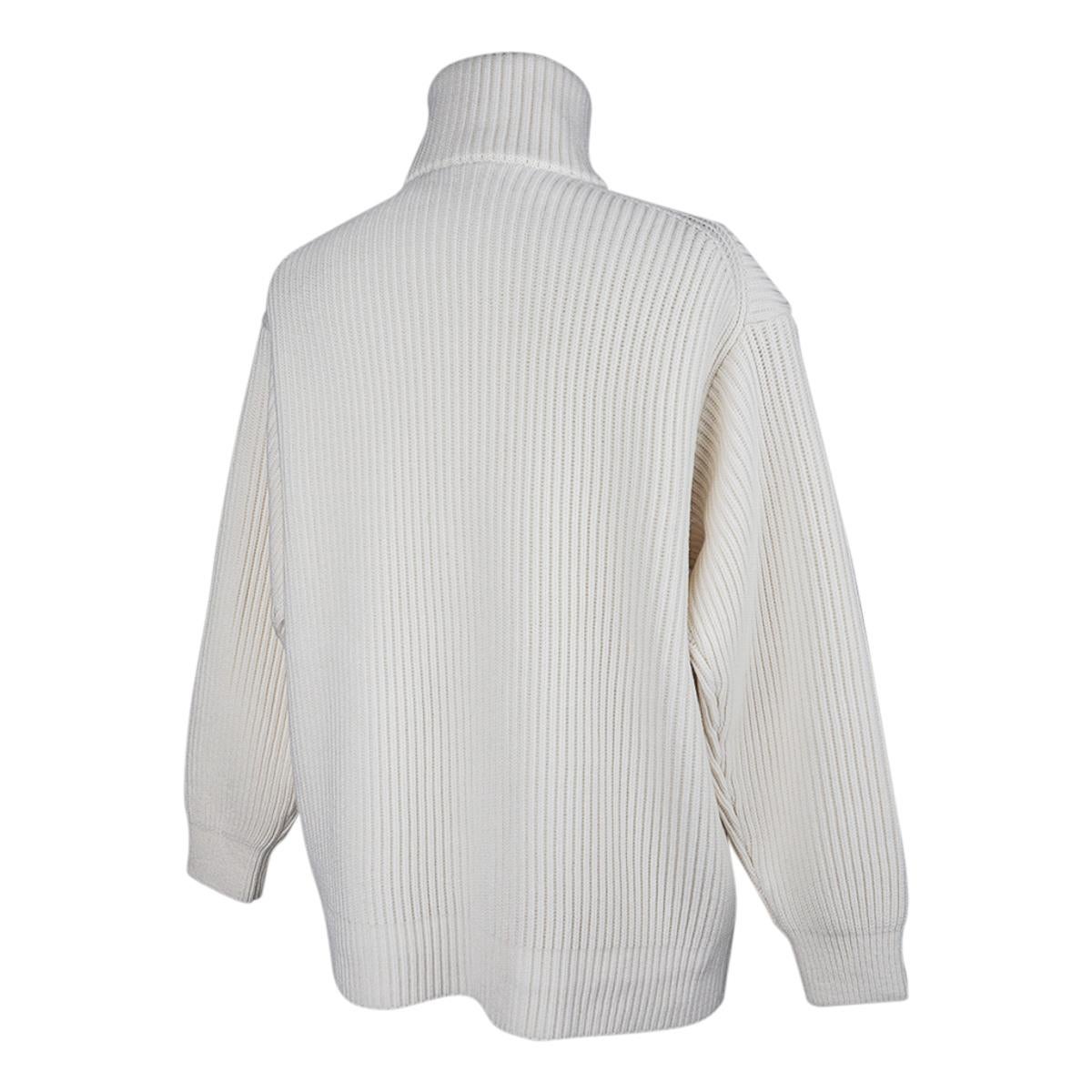 Hermes Cardigan Zip Winter White Sweater Brown Leather H 42 2