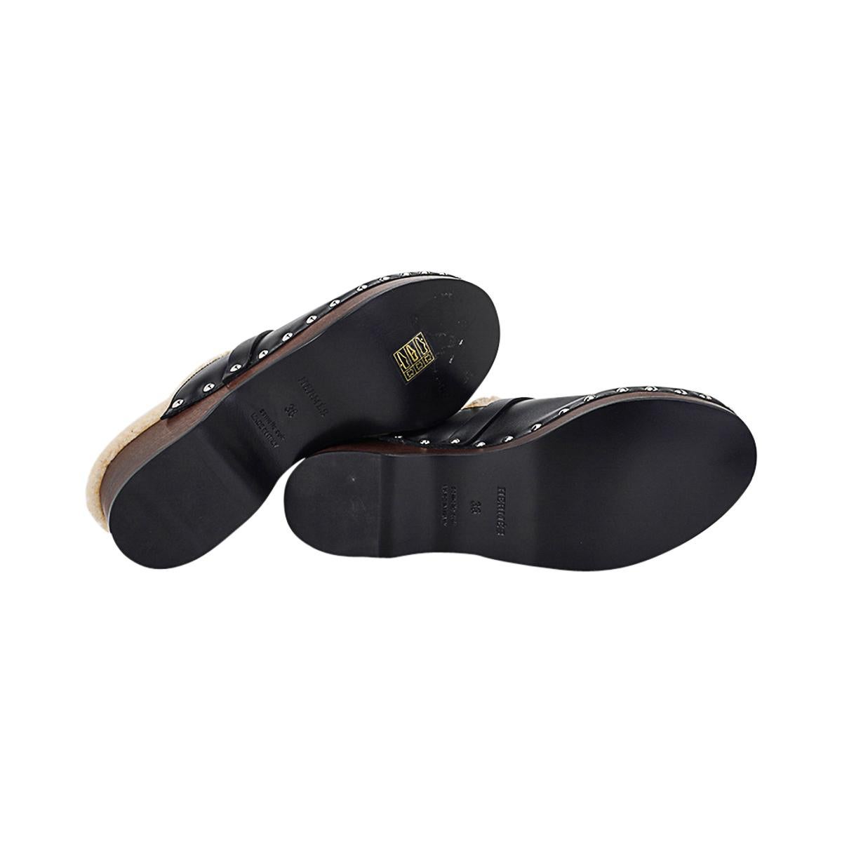 Hermes Carlotta Mules Black Calfskin / Shearling Palladium Kelly Buckle 36 / 6 For Sale 6