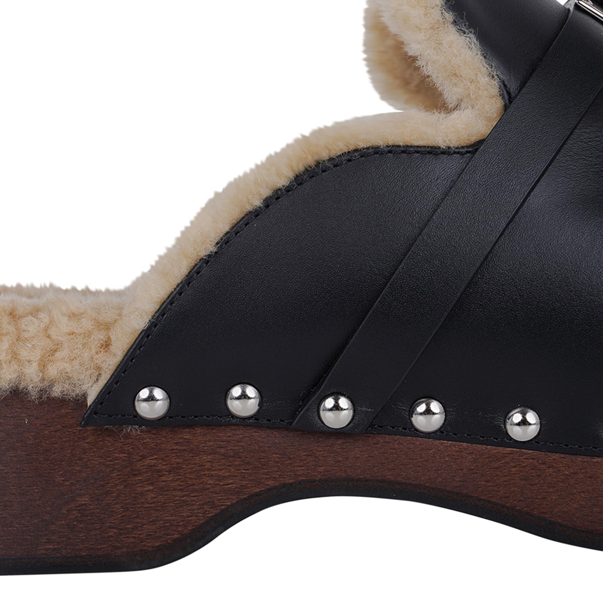 Hermes Carlotta Mules Black Calfskin / Shearling Palladium Kelly Buckle 36 / 6 For Sale 4