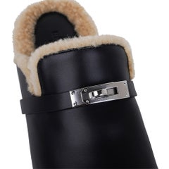 Hermes Carlotta Mules Black Calfskin / Shearling Palladium Kelly Buckle 39 / 9