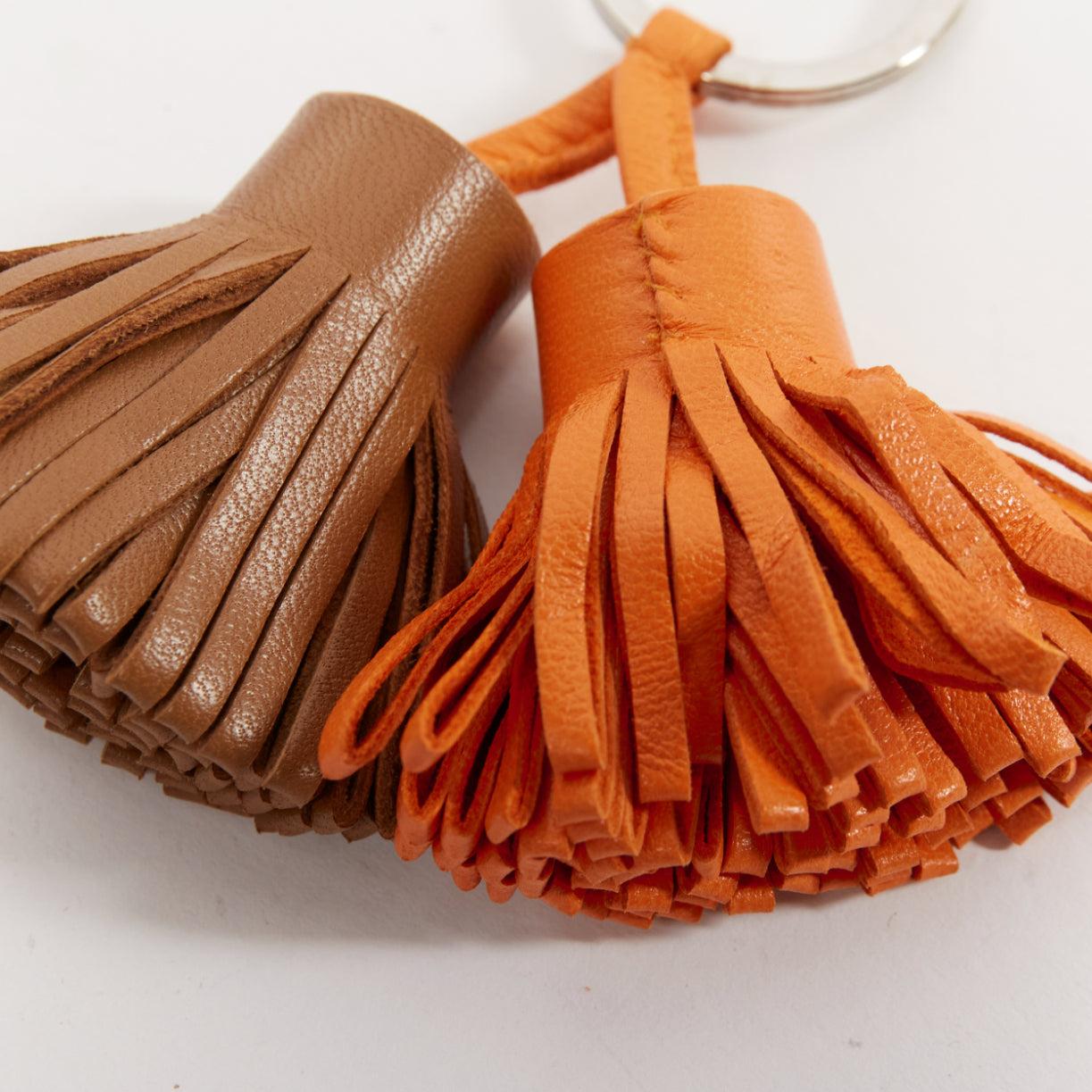 HERMES Carmen Uno Dos brown orange double tassel silver ring bag charm In Good Condition For Sale In Hong Kong, NT