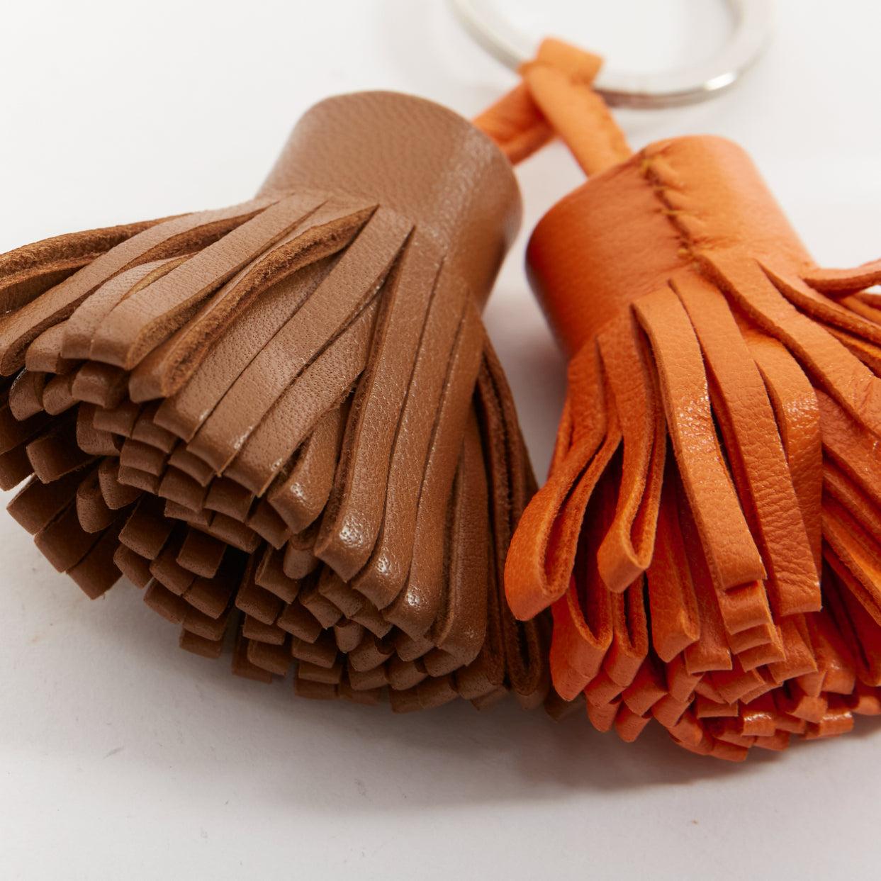 HERMES Carmen Uno Dos brown orange double tassel silver ring bag charm In Good Condition For Sale In Hong Kong, NT