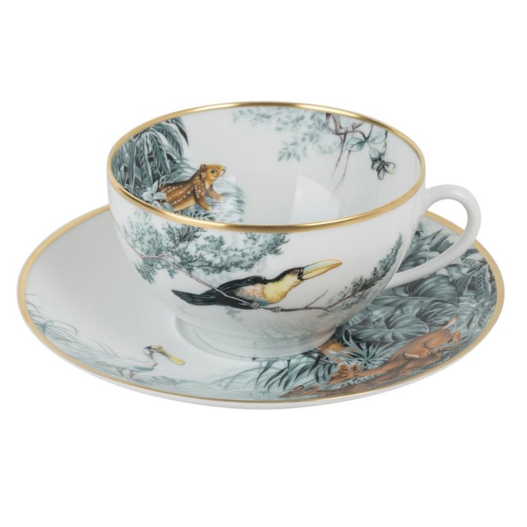 Hermes Carnets D #39 Equateur Breakfast Cup and Saucer Porcelain Set of 2