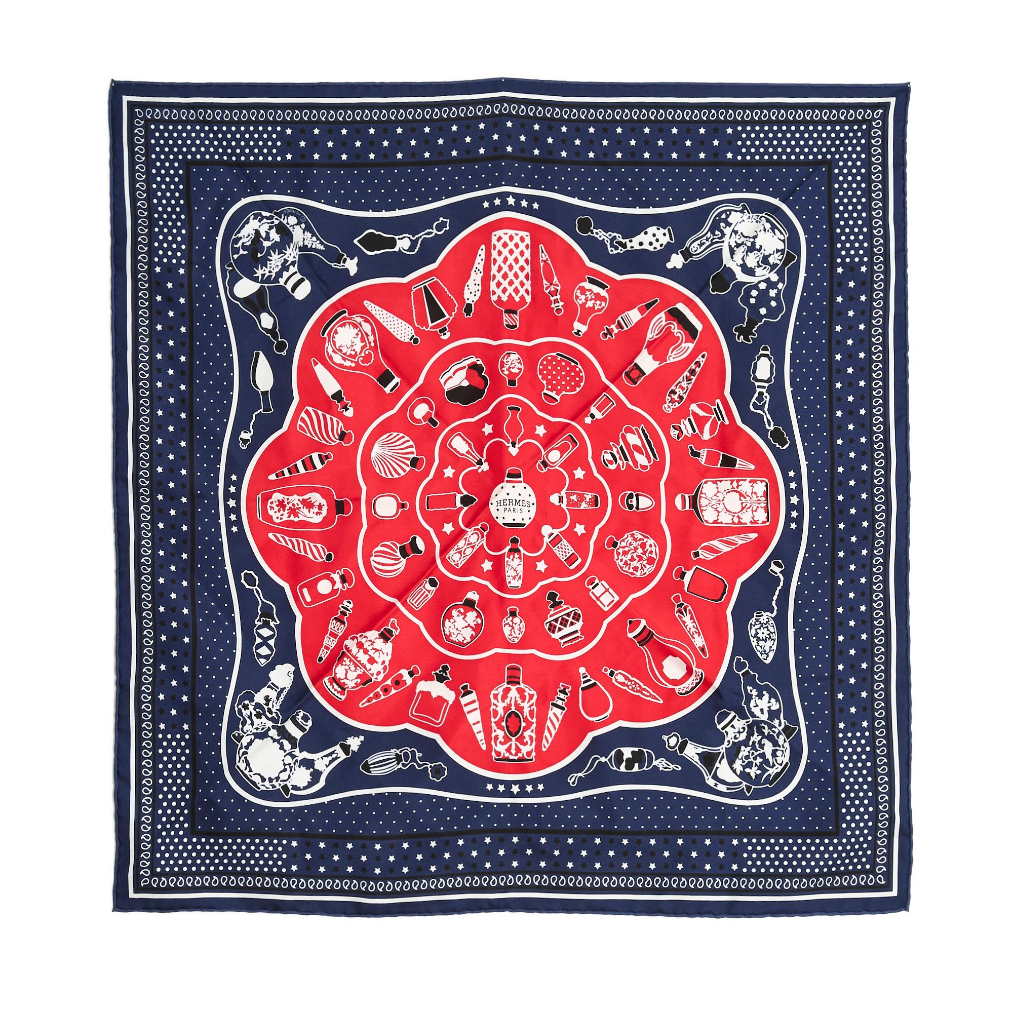 Hermès Carre 55 Foulard Bandana Les Flacons Marine Rot Seidenschal Pristine (Schwarz)