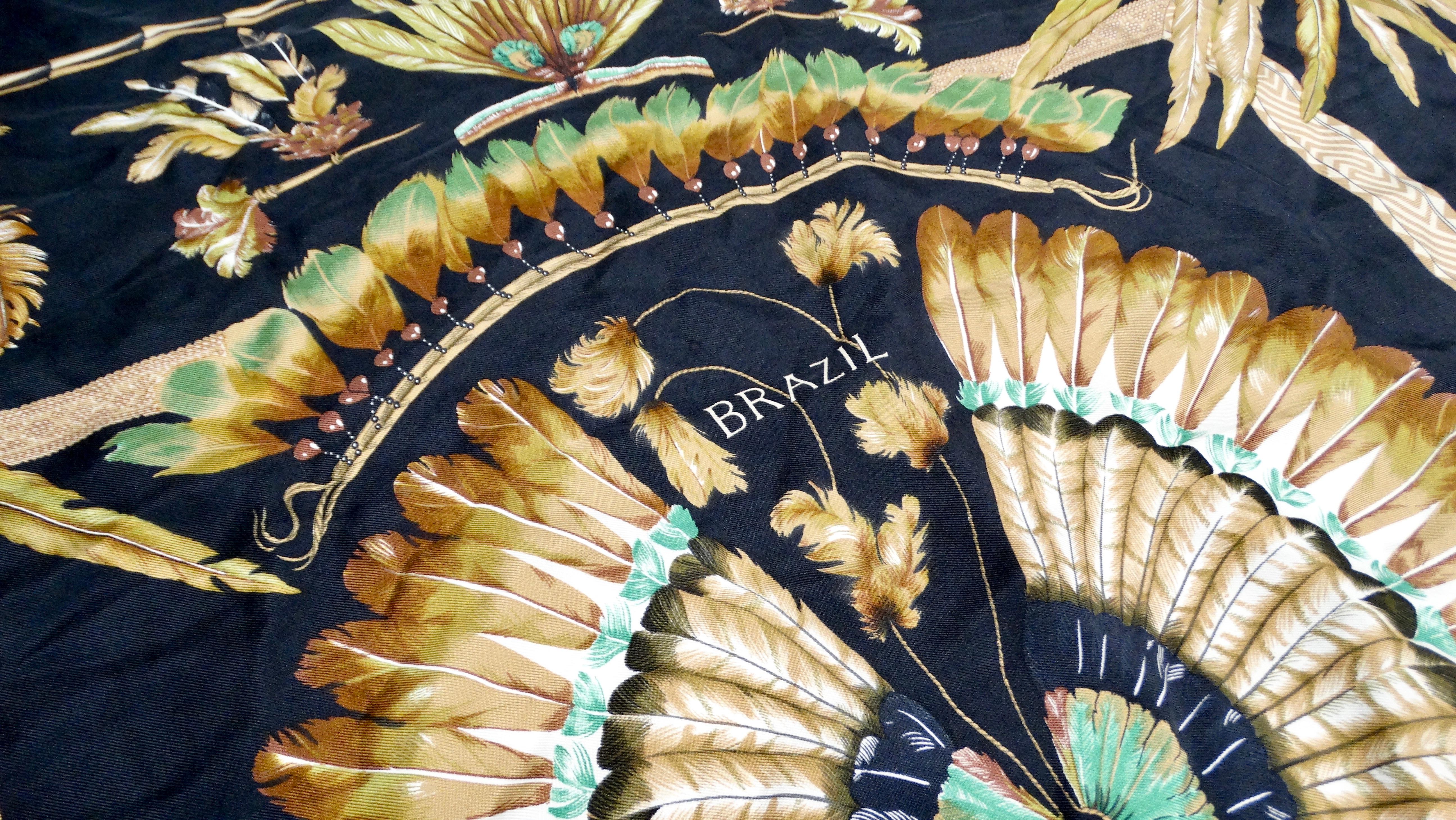 Black Hermes Carre 90 Brazil Feather Print Silk Scarf For Sale