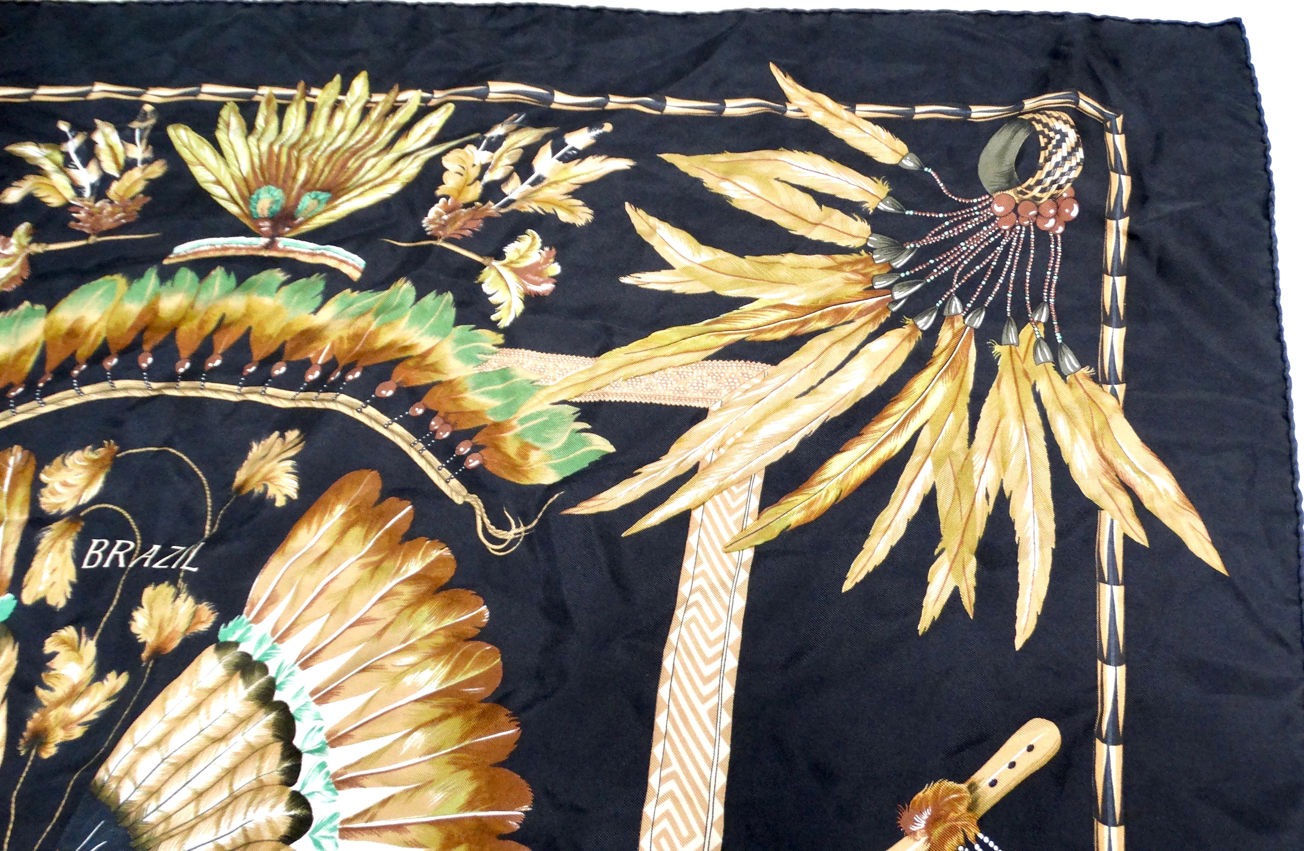 Women's or Men's Hermes Carre 90 Brazil Feather Print Silk Scarf For Sale
