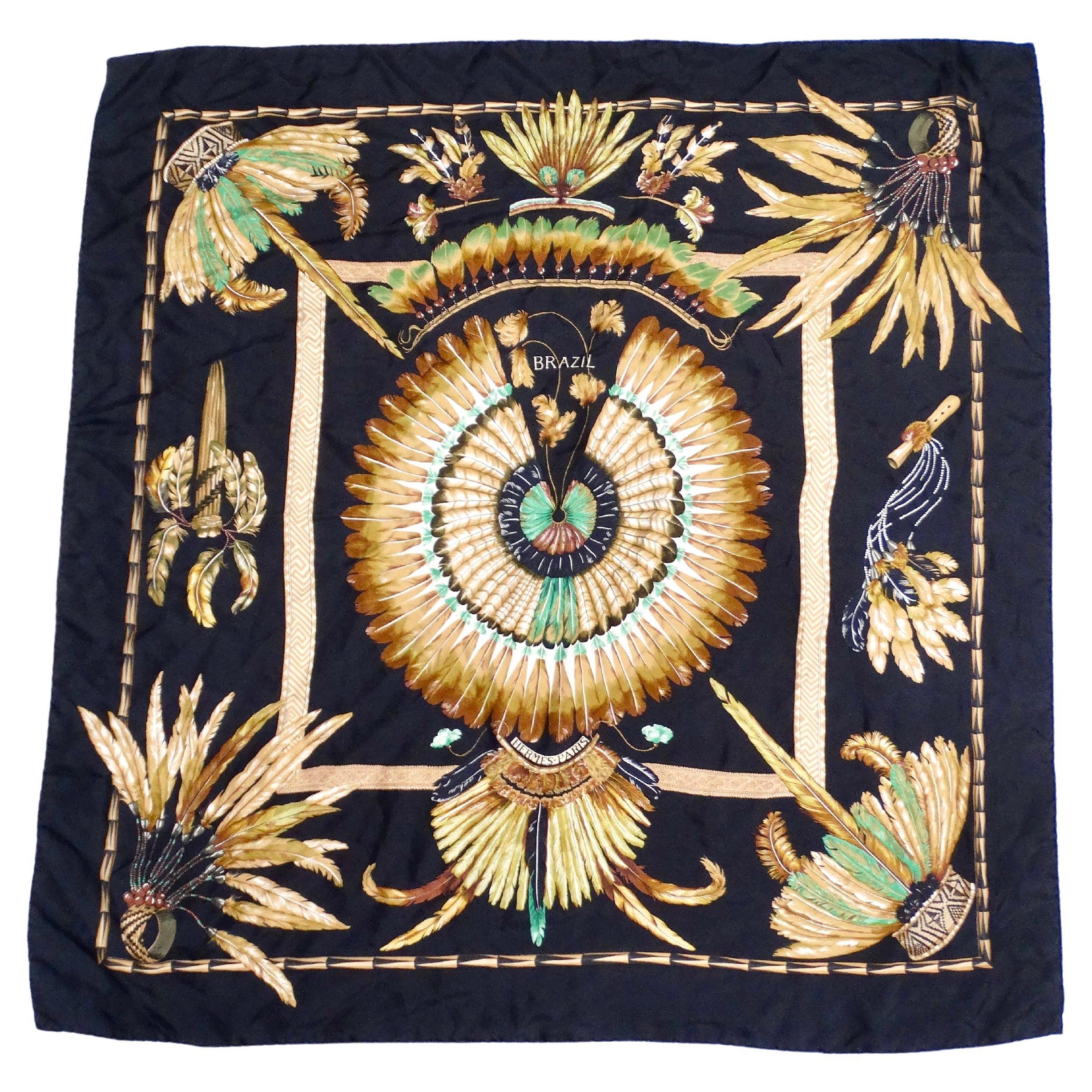 Hermes Carre 90 Brazil Feather Print Silk Scarf For Sale