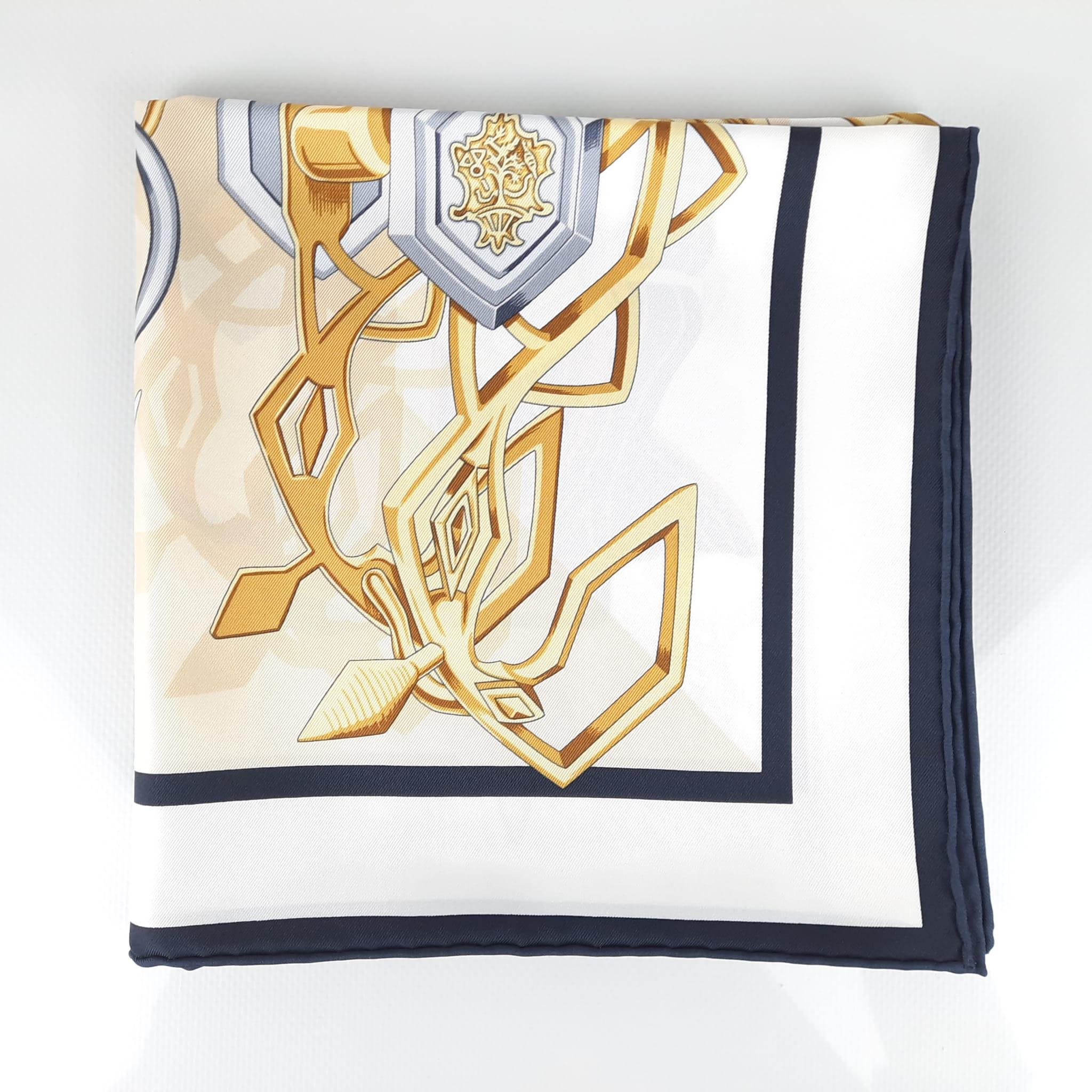  Hermes Blanc / Marine / Multicolore Foulard Brides et Destin 90 Unisexe 