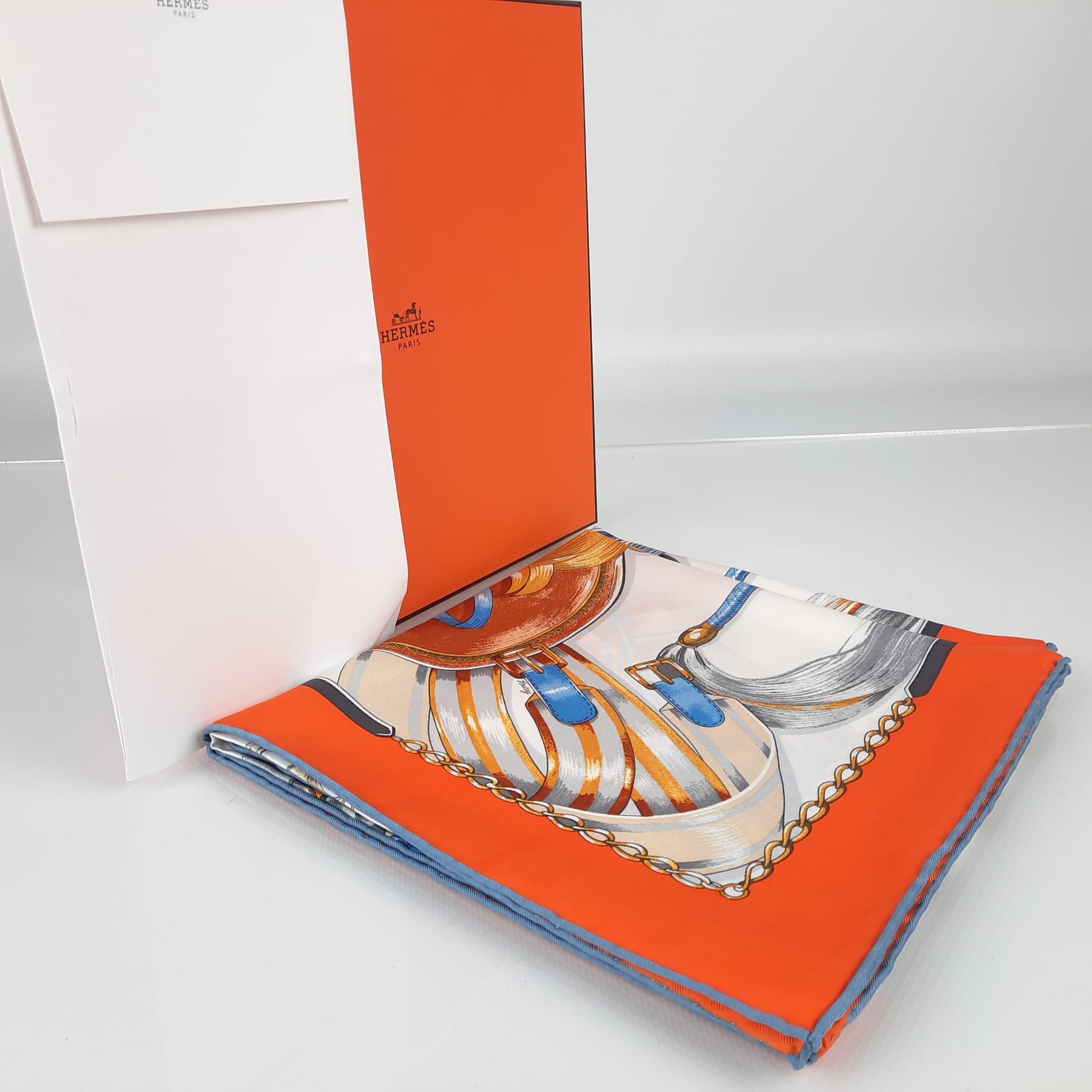 Hermes Carré 90 Cavalcades Orange / Blanc / Rouille Silk 3
