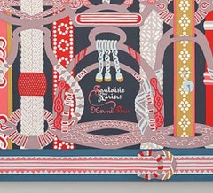 Hermes Carré 90 Fantaisie d'Etriers Anthracite / Corail / Rose Taupe Silk