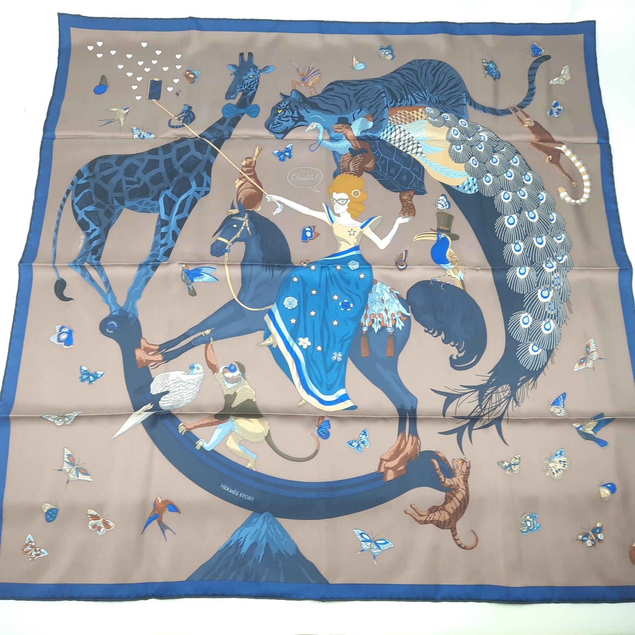 Hermes Carré 90 Hermès Story Marron Glacé / Bleu Nuit / Pétrole Silk 4