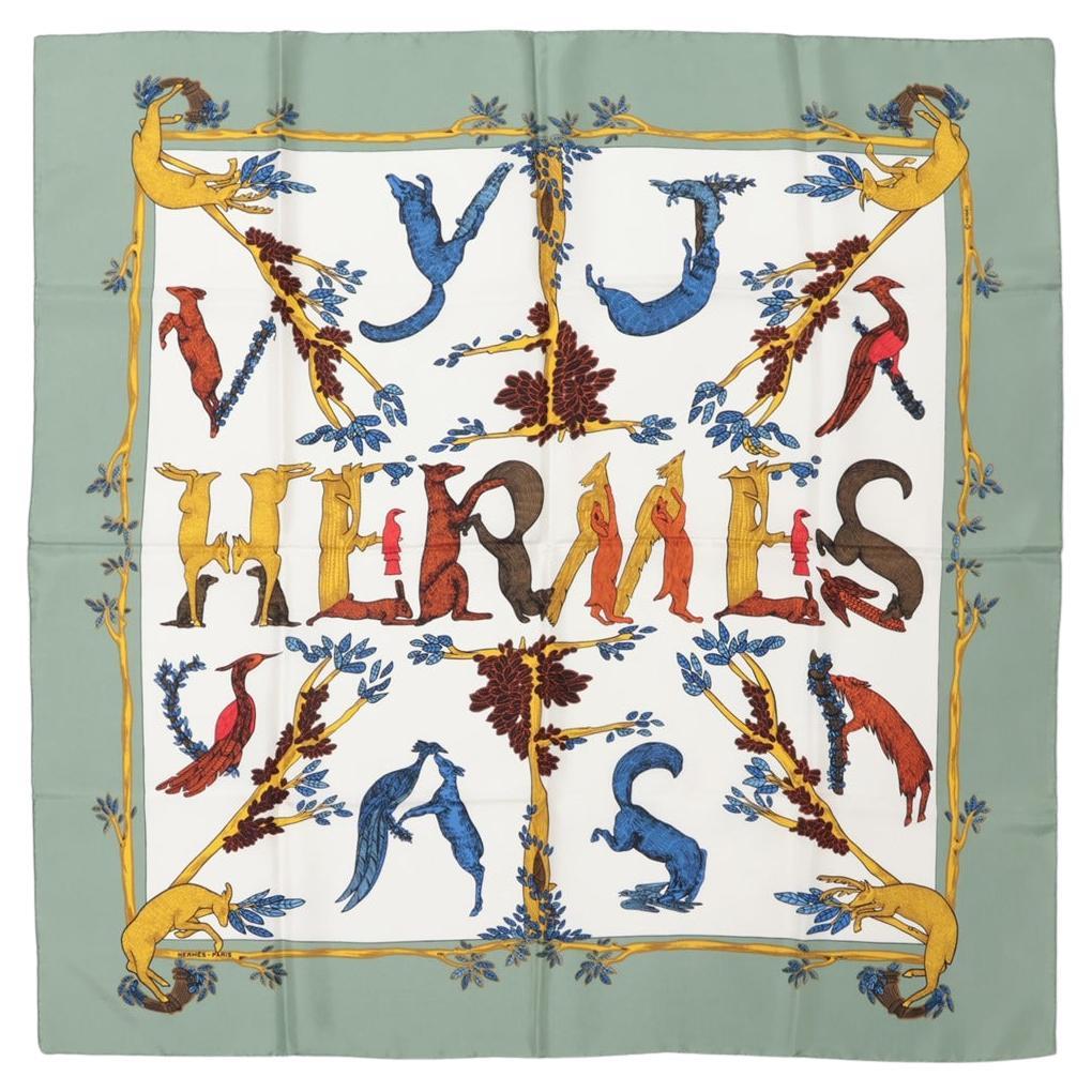 Hermès Carré Animal Alphabets Scarf  White x Green For Sale