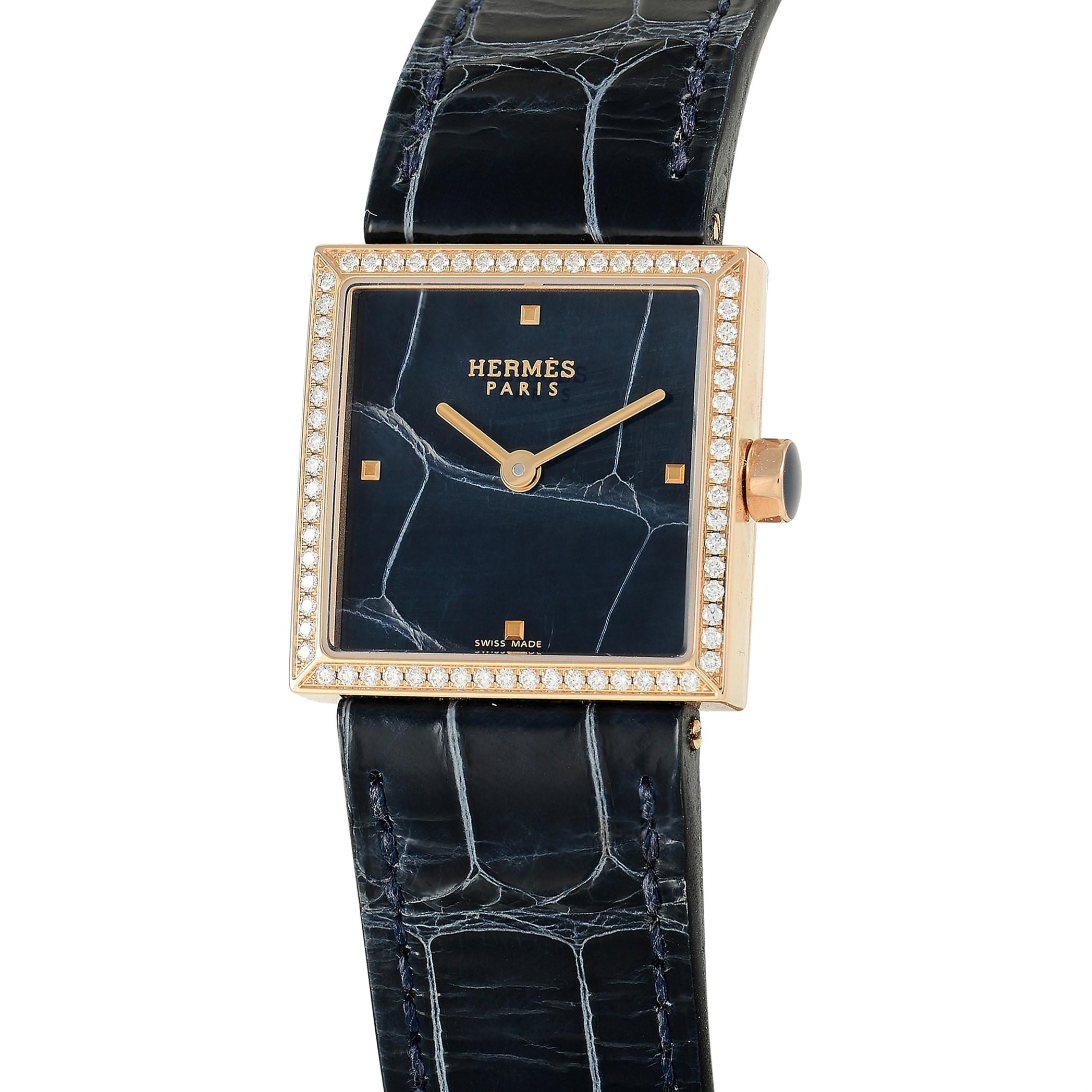 Hermès Carré Cuir Rose Gold Diamond Ladies Watch exudes the luxury brand’s commitment to opulent accessories.

Sleek and stylish, this timepiece features a 24mm x 24mm square case crafted from 18K Rose Gold adorned with shimmering round-cut diamond