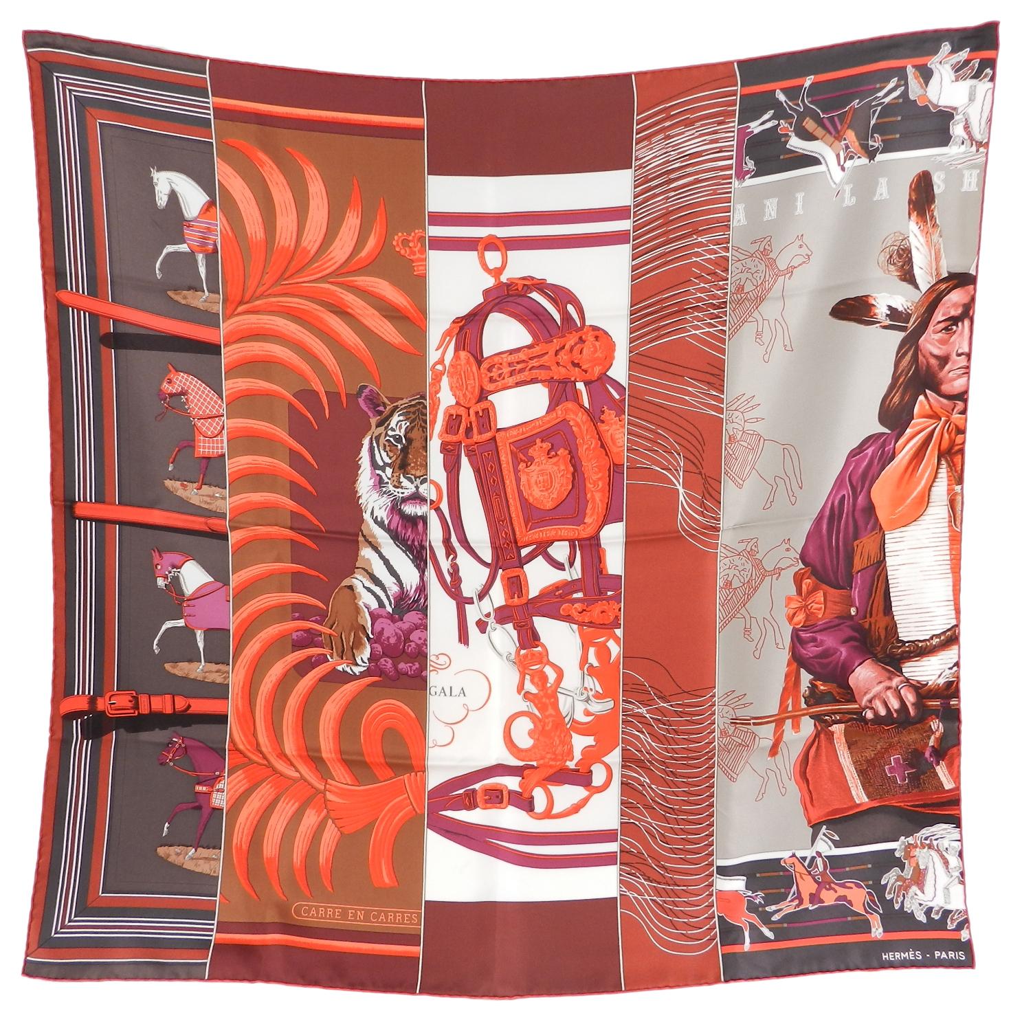 Hermes Carre en Carres 90cm Silk Twill Scarf and Knotting Cards.  This scarf features a collaged design featuring several of Hermes’ most popular scarves.  Brick red, burgundy, white, orange, tomato red, brown, dark plum.  Includes box, exchange