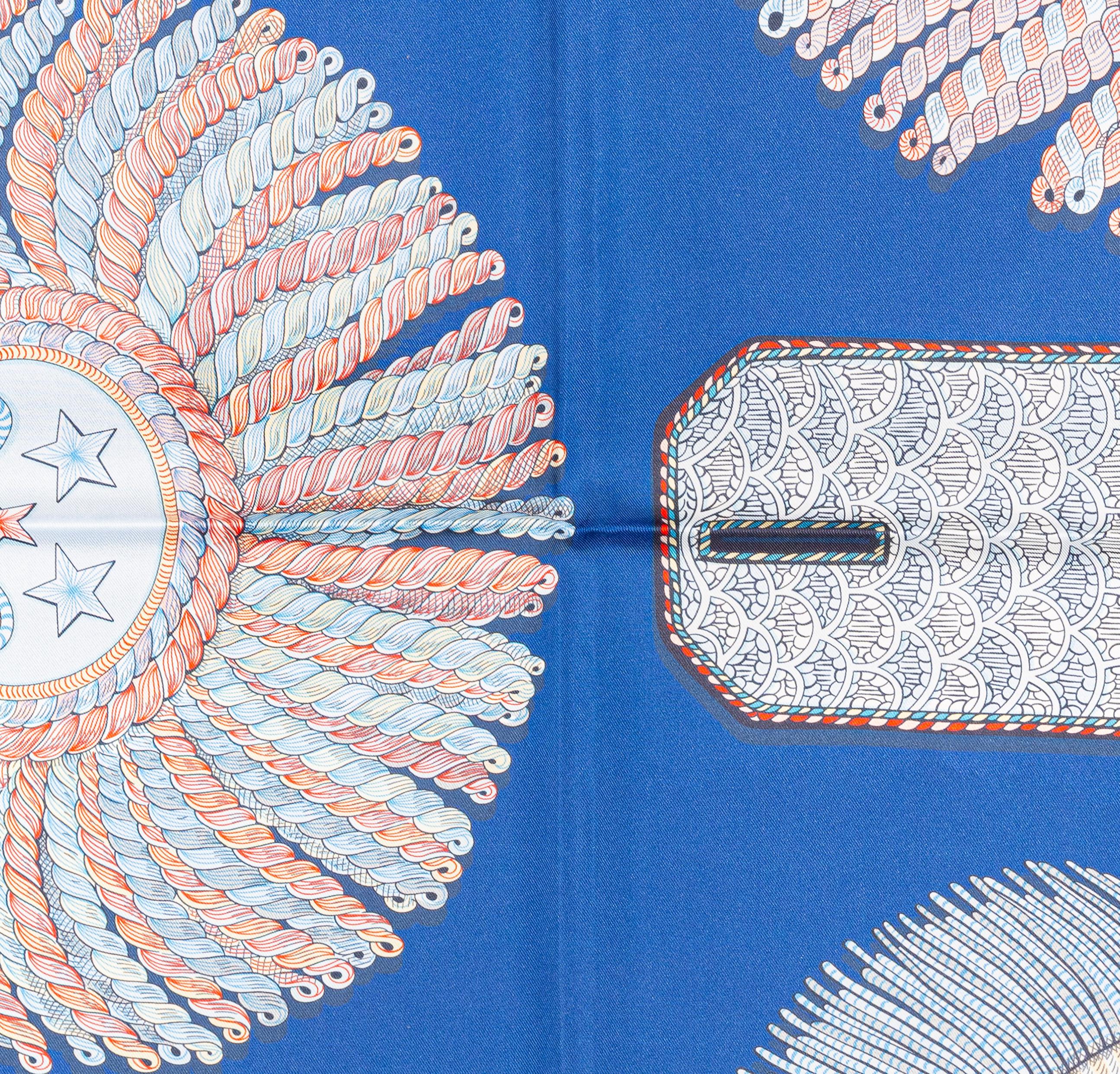 Hermes Carré Silk - Epaulettes de Gala - Double Face - Marine Bleu - New S Tag im Angebot 14