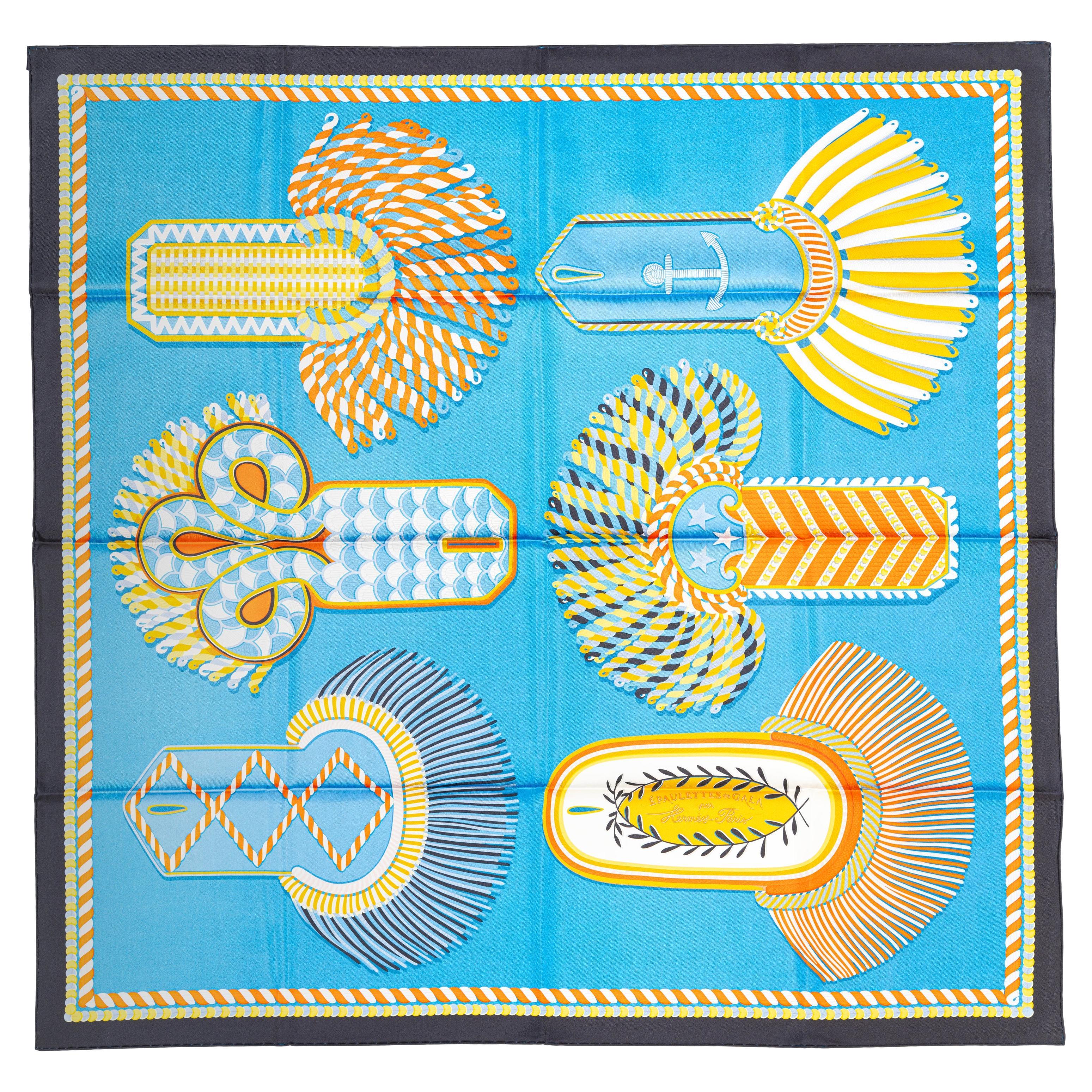 Hermes Carré Silk - Epaulettes de Gala - Double Face - Marine Bleu - New S Tag