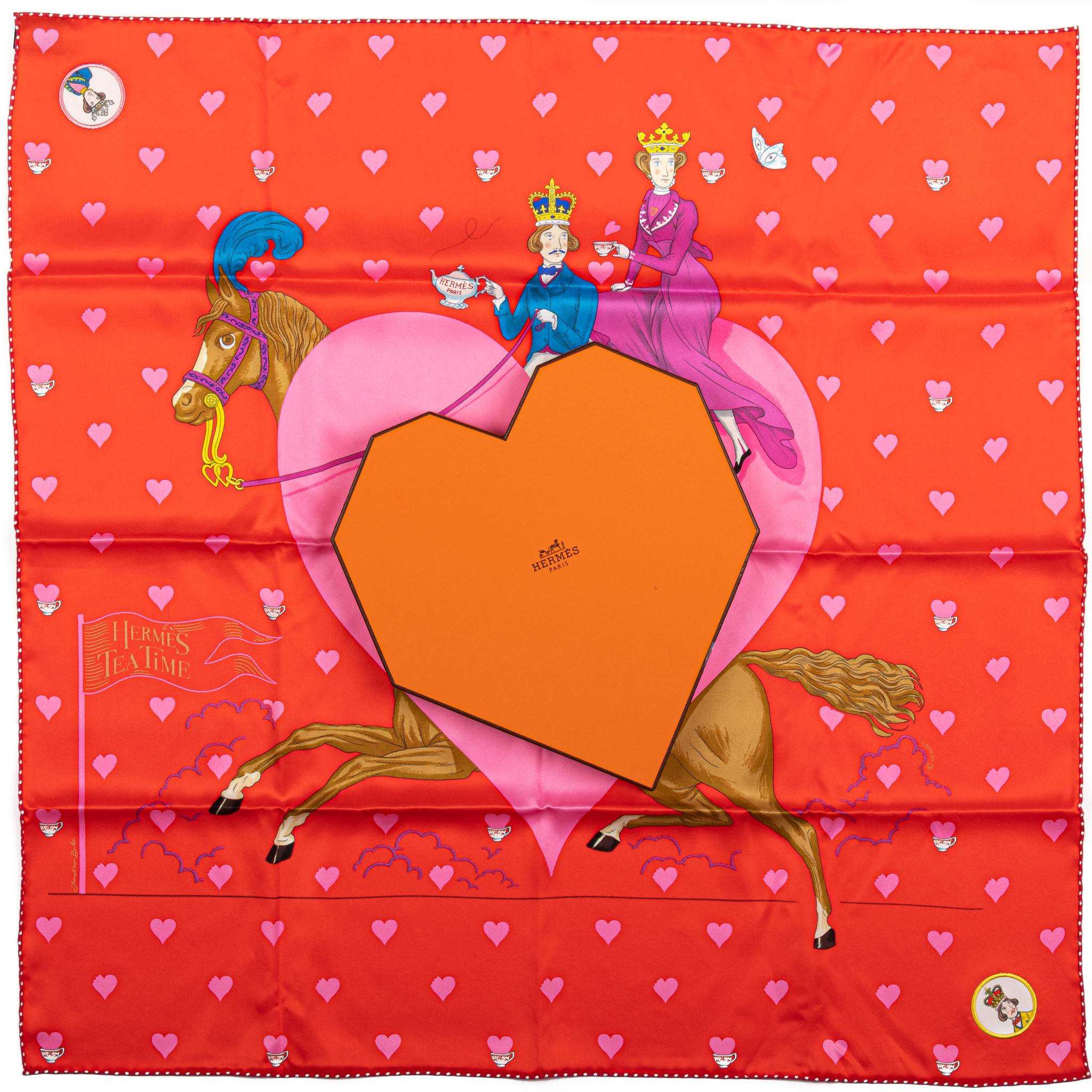 Hermès Carre Calfskin scarf in red rouge. The center piece is an image of a horse carrying a Prince and Princess. The scarf is made of silk and comes with the original box in form of a heart.