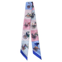 Hermes Carriage Print Silk Twilly Scarf Pink Blue