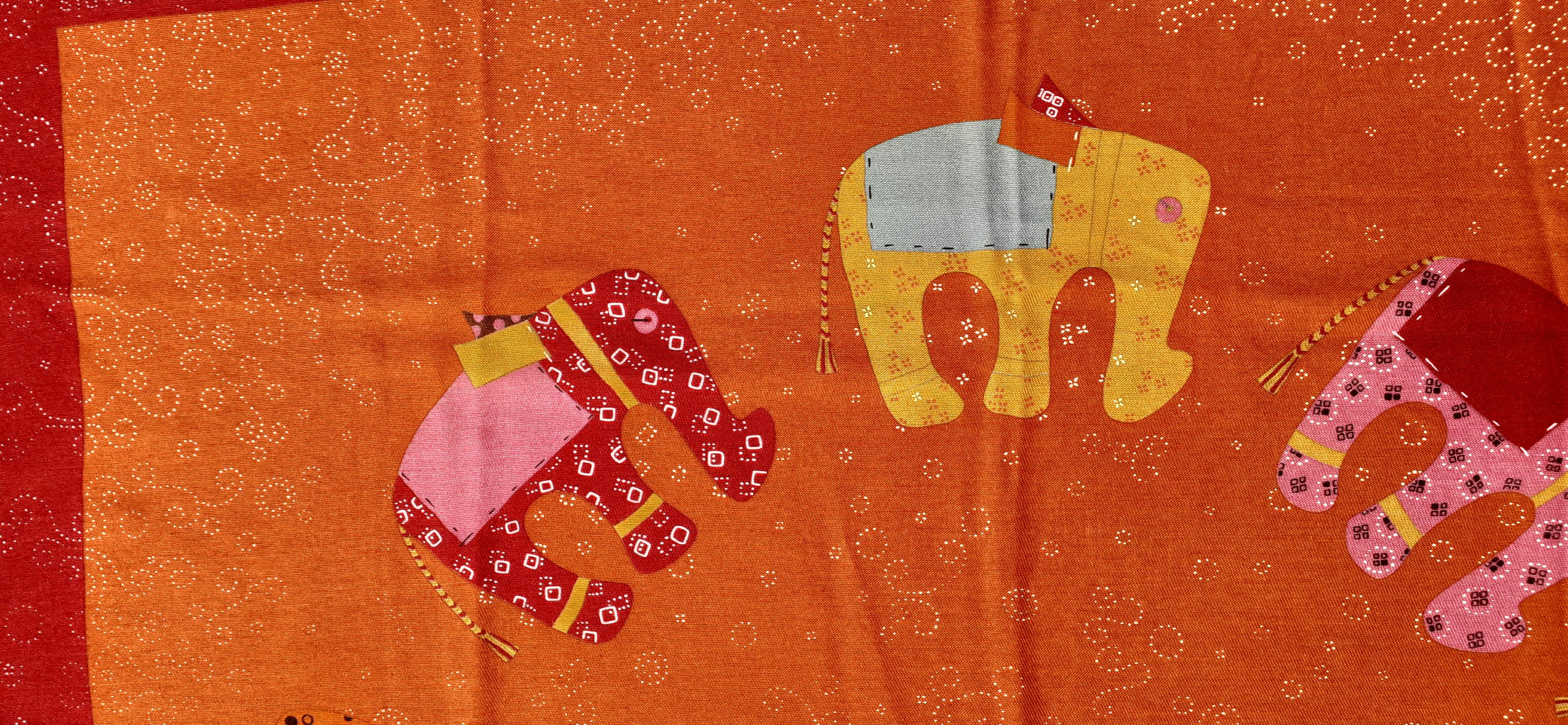 Red Hermès Cashmere and Silk Scarf La Ronde des Elephants Orange Pink 67 cm