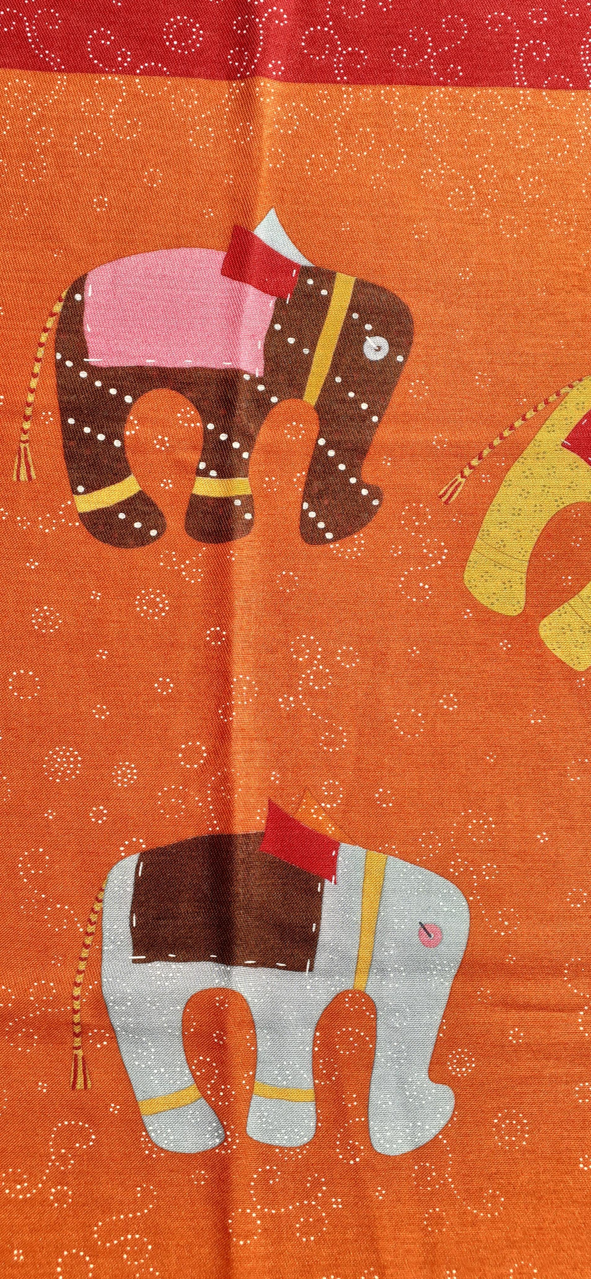 Women's Hermès Cashmere and Silk Scarf La Ronde des Elephants Orange Pink 67 cm