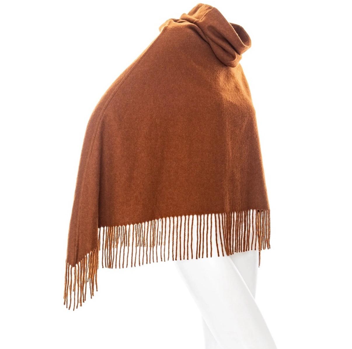 Brown Hermes Cashmere Cowl Neck Fringe Detail Poncho Sweater For Sale