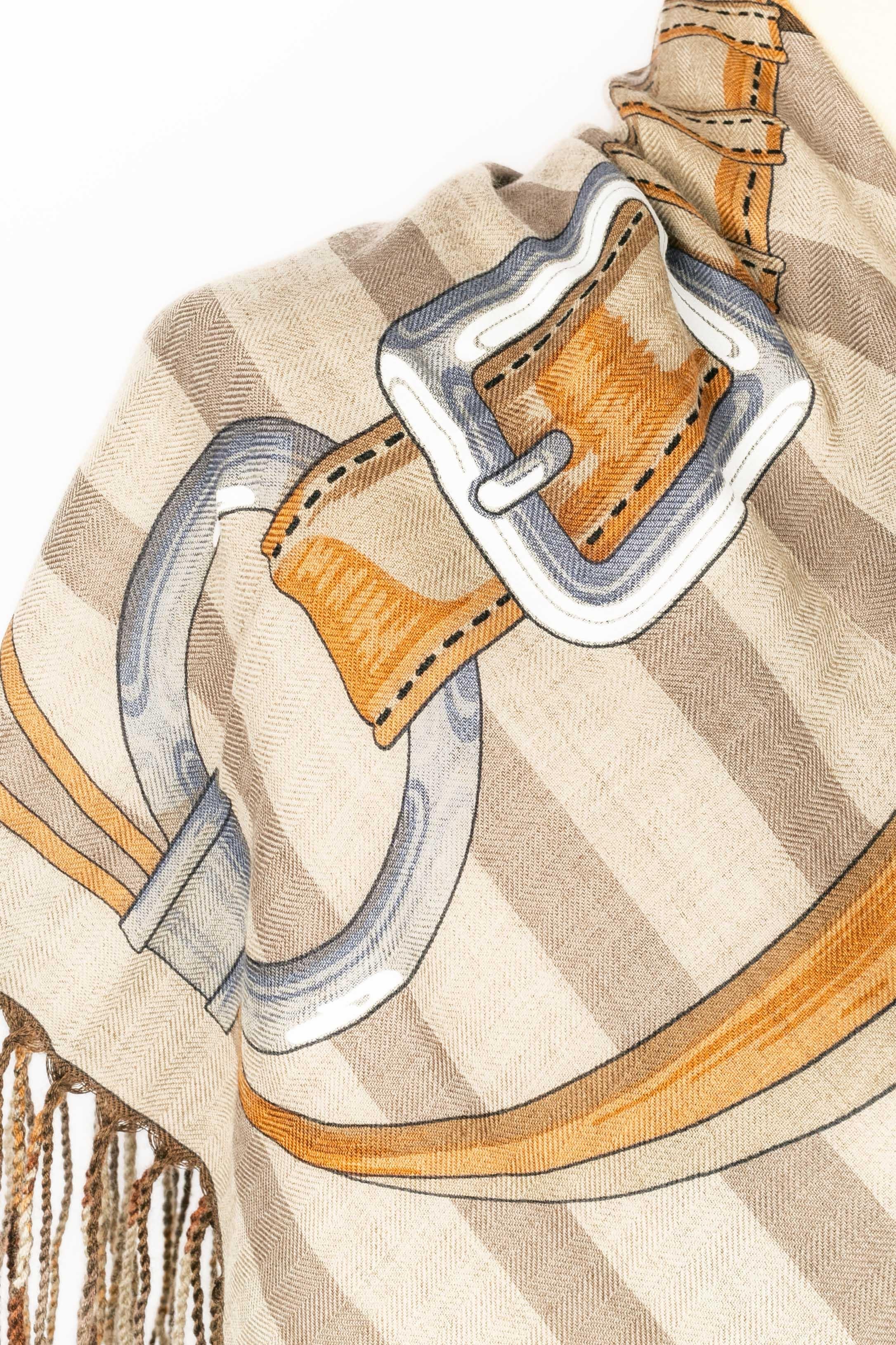 Beige Hermès cashmere foulard 'Coaching' For Sale