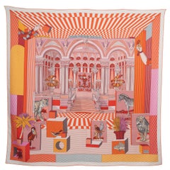 HERMES cachemire GRAND THEATRE NOUVEAU 140 Echarpe châle Vieux Rose Corail Vermillo