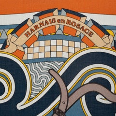 HERMES cashmere HARNAIS EN ROSACE 140 Shawl Scarf Potiron Bleu Gris