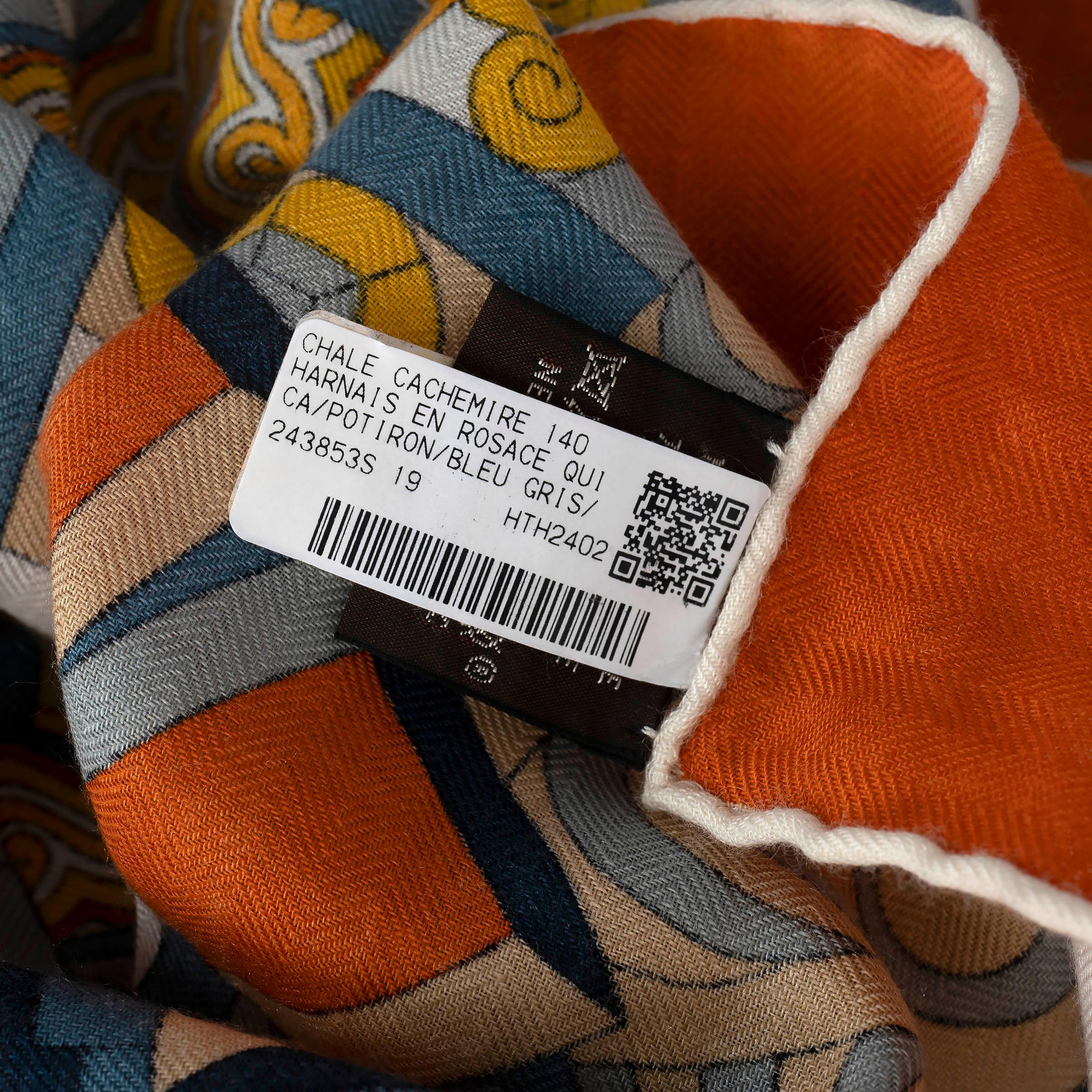 Women's or Men's HERMES cashmere HARNAIS EN ROSACE 140 Shawl Scarf Potiron Bleu Gris