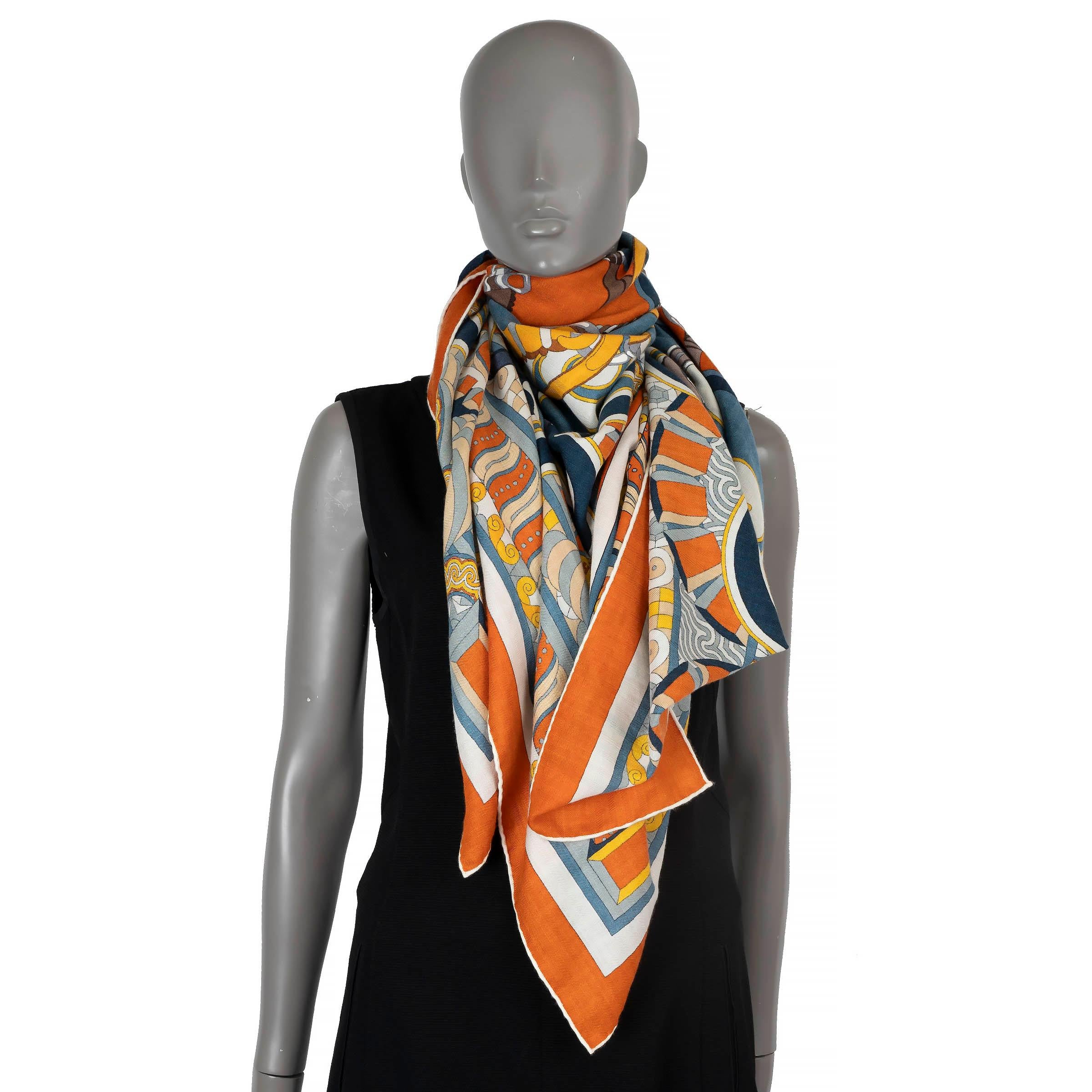 HERMES cashmere HARNAIS EN ROSACE 140 Shawl Scarf Potiron Bleu Gris 1