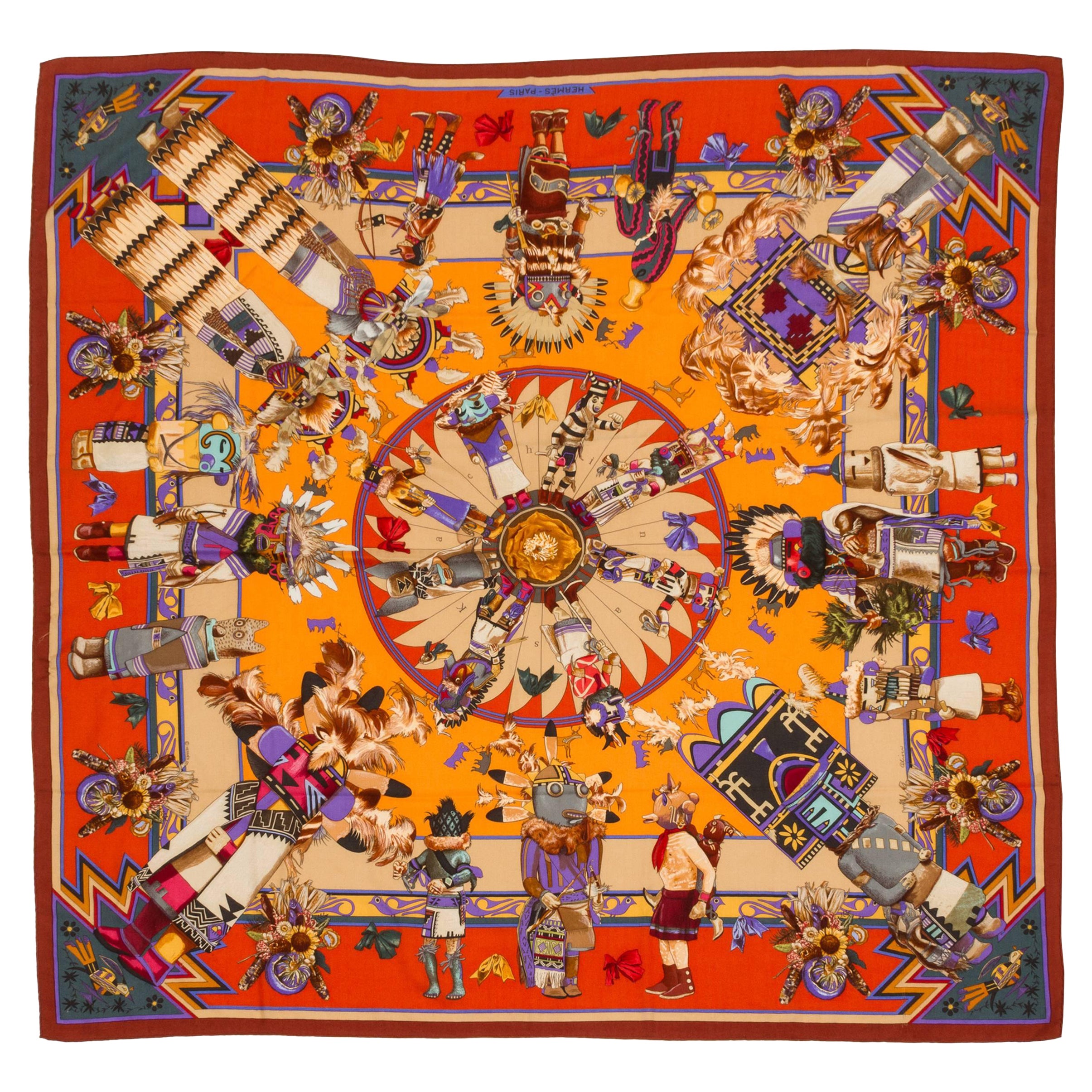 Hermes Cashmere Kachinas Silk 55" Shawl in Box