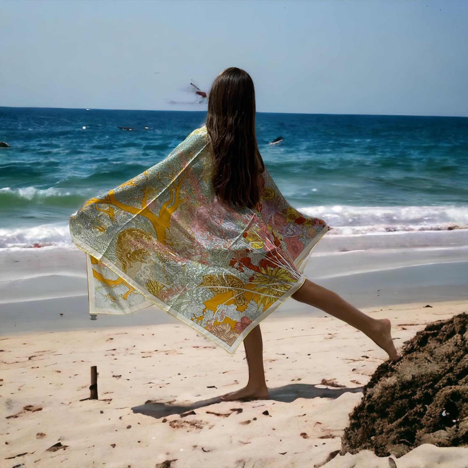 Hermes Cashmere Shawl/Scarf
Retour a la Nature shawl 
Size 140 cm
Designed by Théo de Gueltzl and Octave Marsal

 
 
Cashmere shawl large 140cmShawl in cashmere and silk with hand-rolled edges (70% cashmere, 30 % silk).

Printed on our iconic