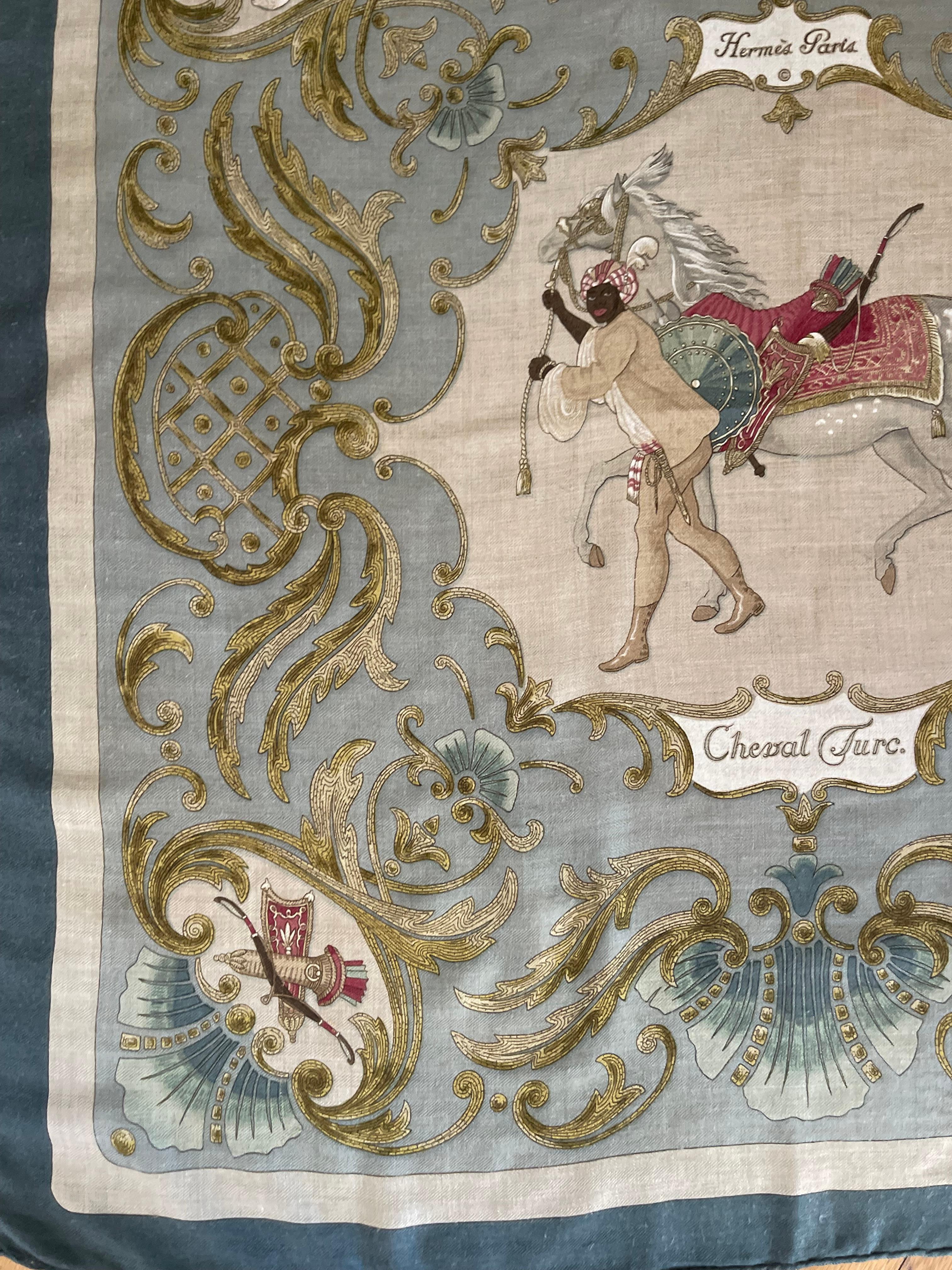 The Hermès scarf Cheval Turc (French for “Turkish Horse”) is a distinguished design by Christiane Vauzelles, was first introduced in 1969. The beautiful color way makes this scarf original and beautiful. 
In good condition.  
34in x 34in 