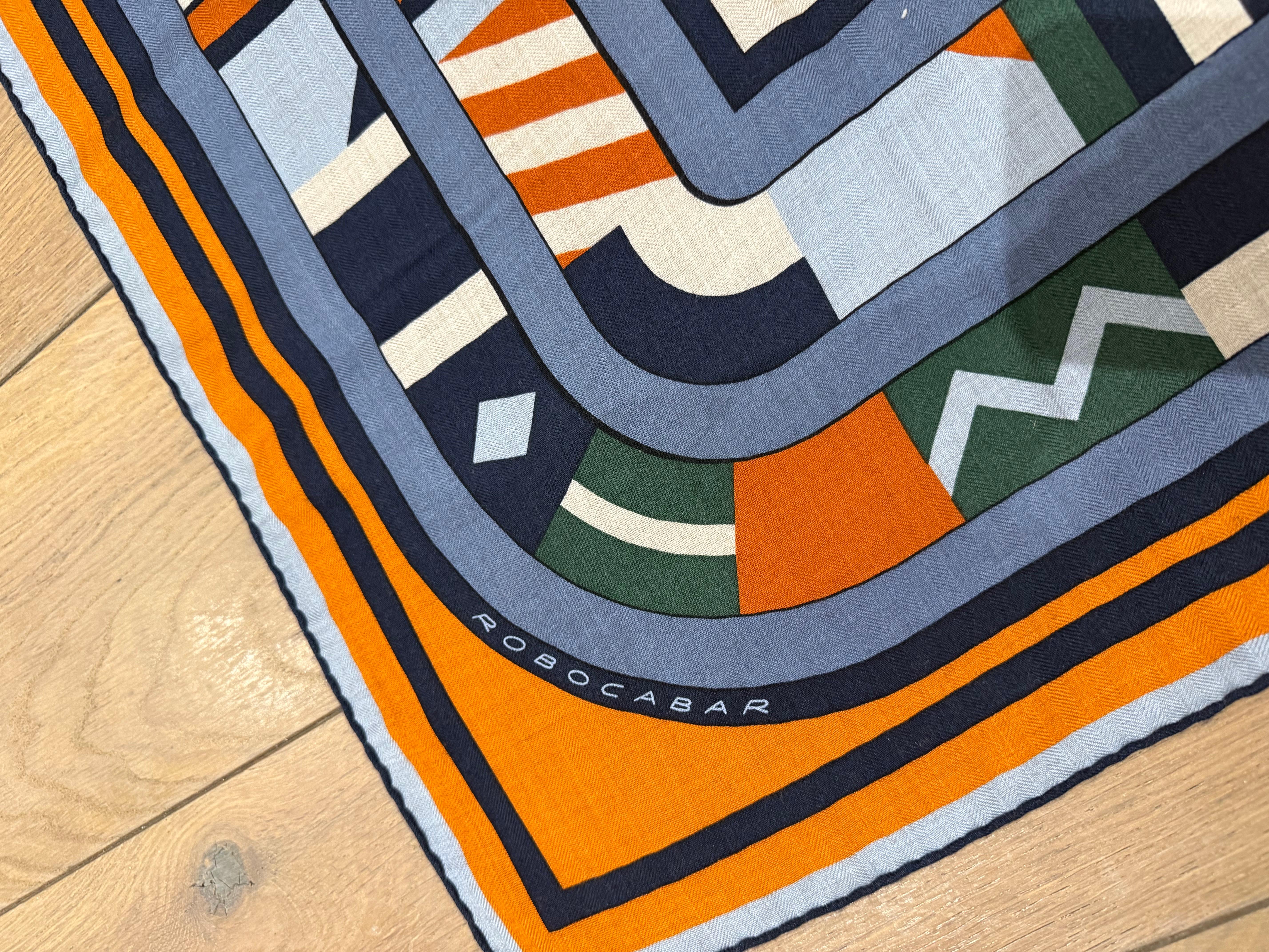 Hermès Cashmere Scarf in Bleu, Natural and Orange Robocabar collection In Excellent Condition In London, England
