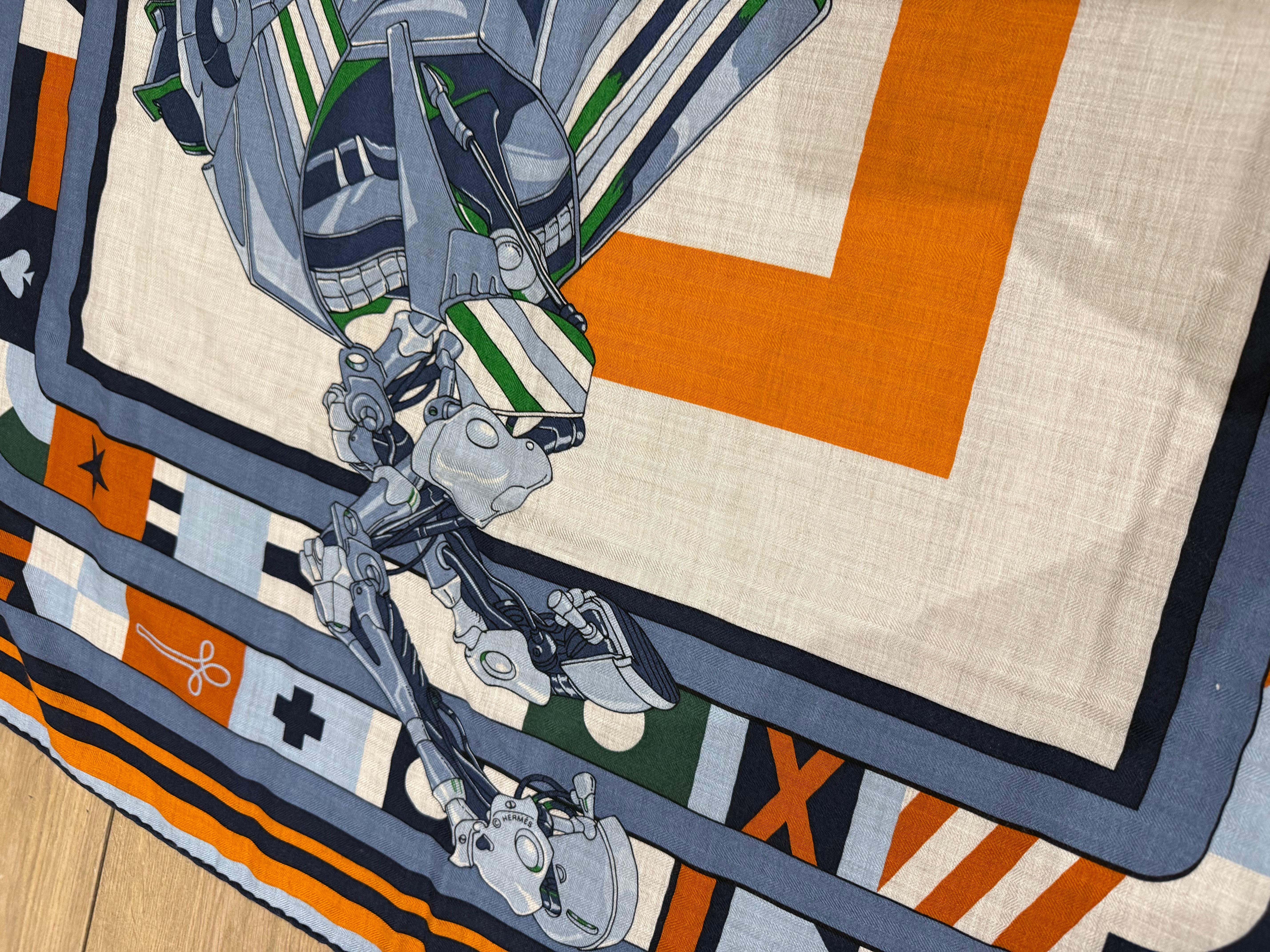 Women's or Men's Hermès Cashmere Scarf in Bleu, Natural and Orange Robocabar collection