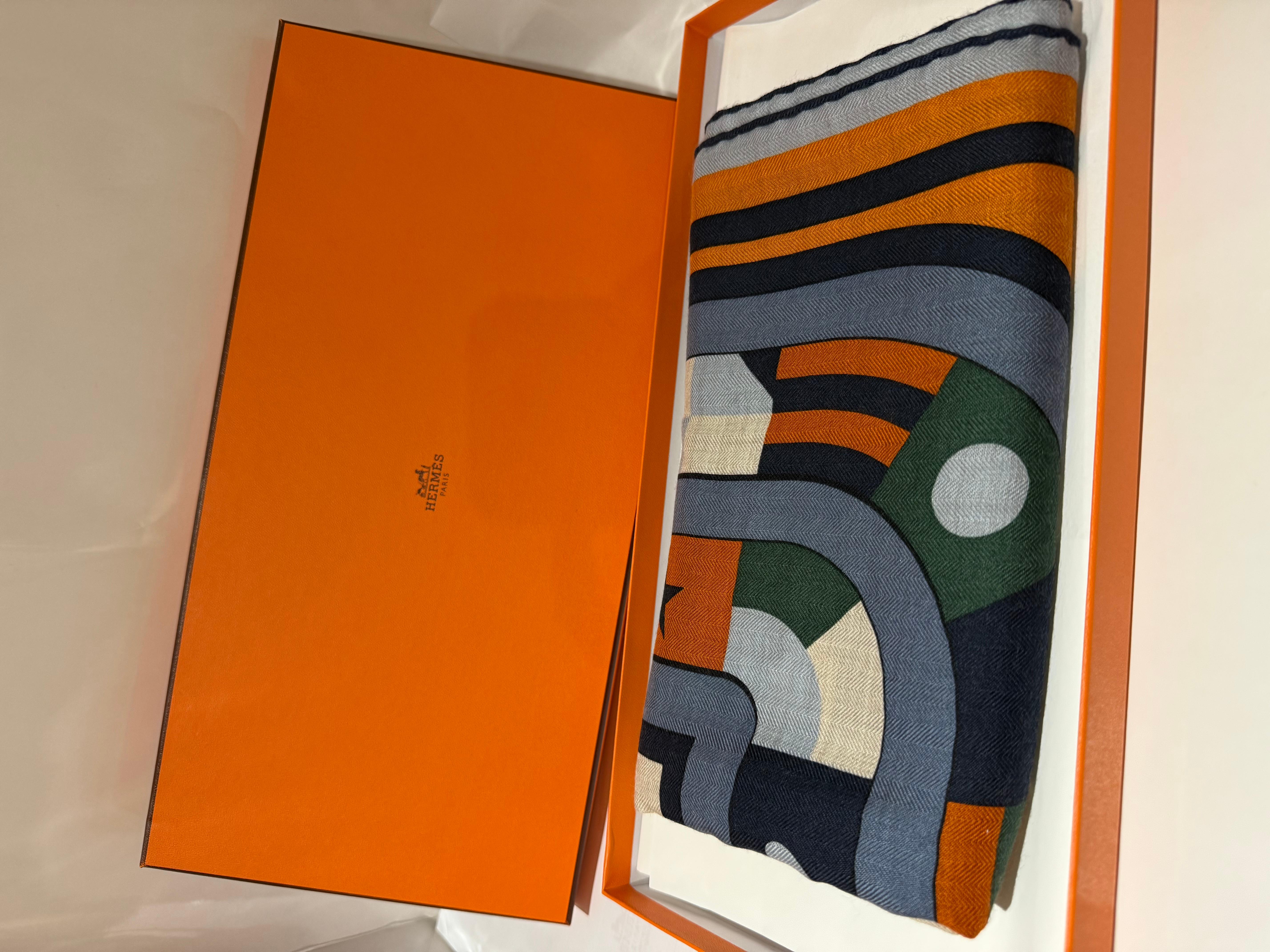 Hermès Cashmere Scarf in Bleu, Natural and Orange Robocabar collection 1