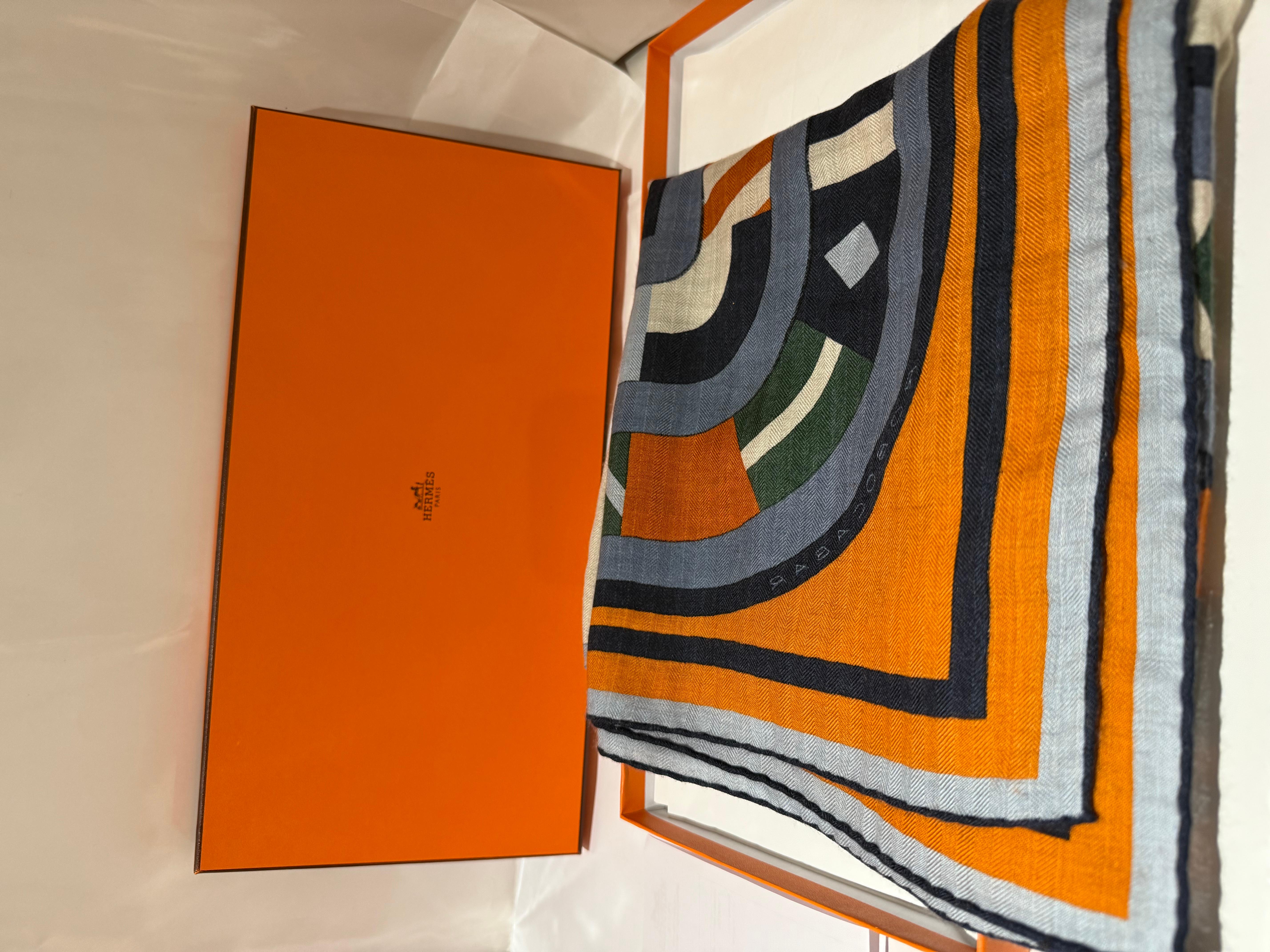 Hermès Cashmere Scarf in Bleu, Natural and Orange Robocabar collection 2