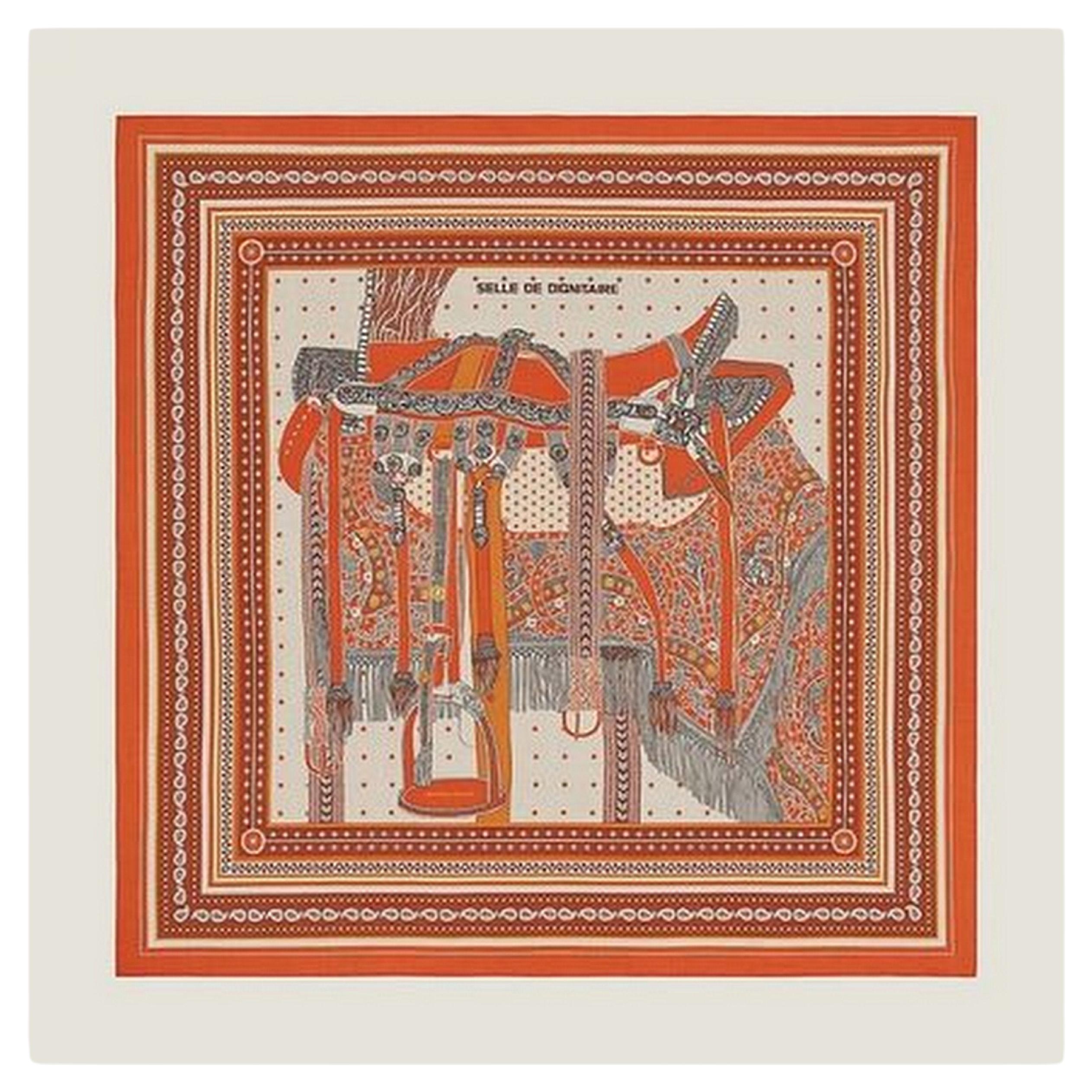 HERMES Cashmere SELLE DE DIGNITAIRE BANDANA 140 Echarpe Orange Rouc Nat NEW W/Tags
