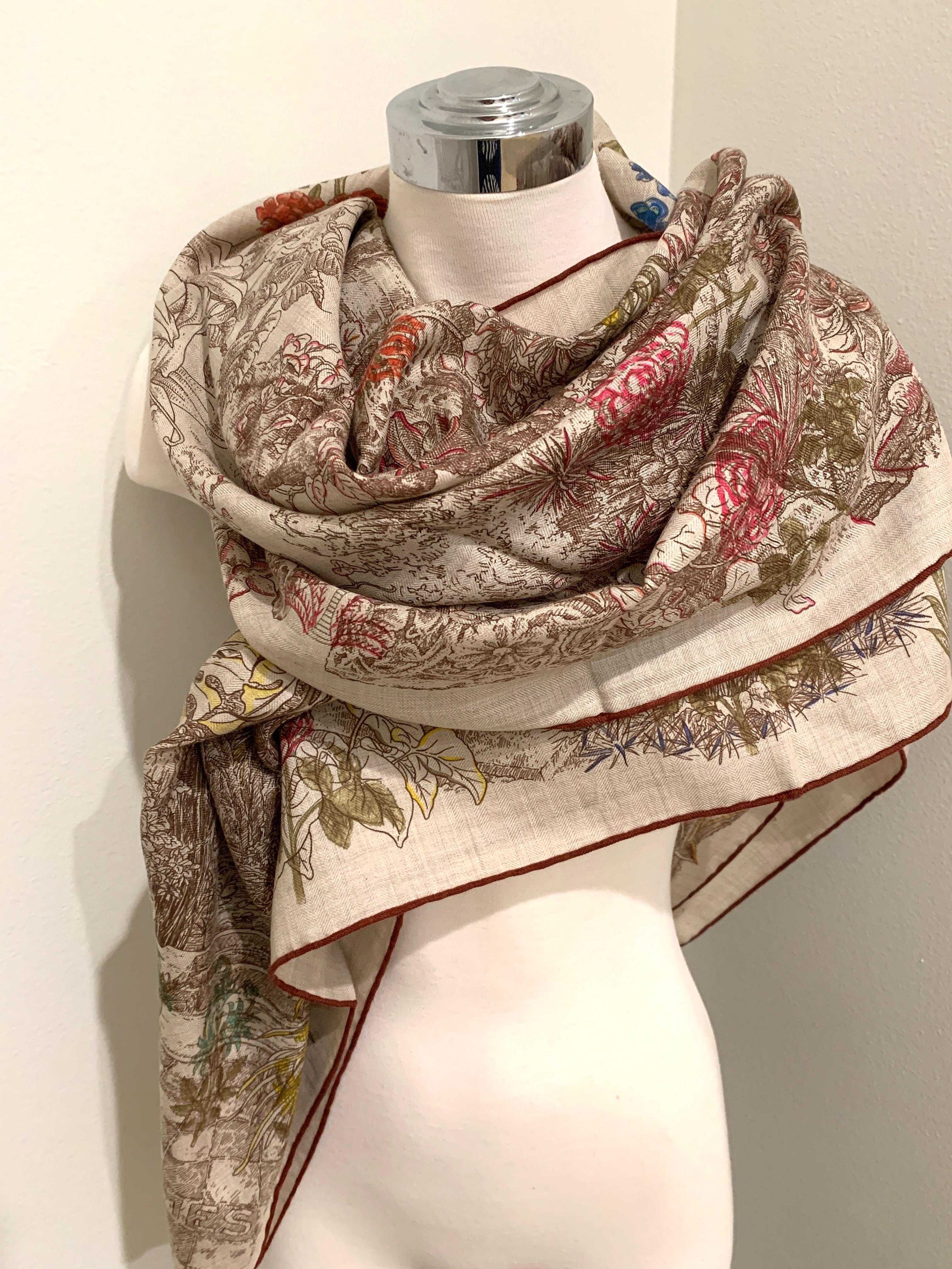 Hermes cashmere and silk shawl (70% cashmere and 30% silk)

Hermes Cashmere and Silk Shawl
Le Jardin de Leila au Bloc
Artiste: Francois Houtin
Printed on cashmere and silk material, this giant scarf is supple, light and easy to wear. It’s the ideal