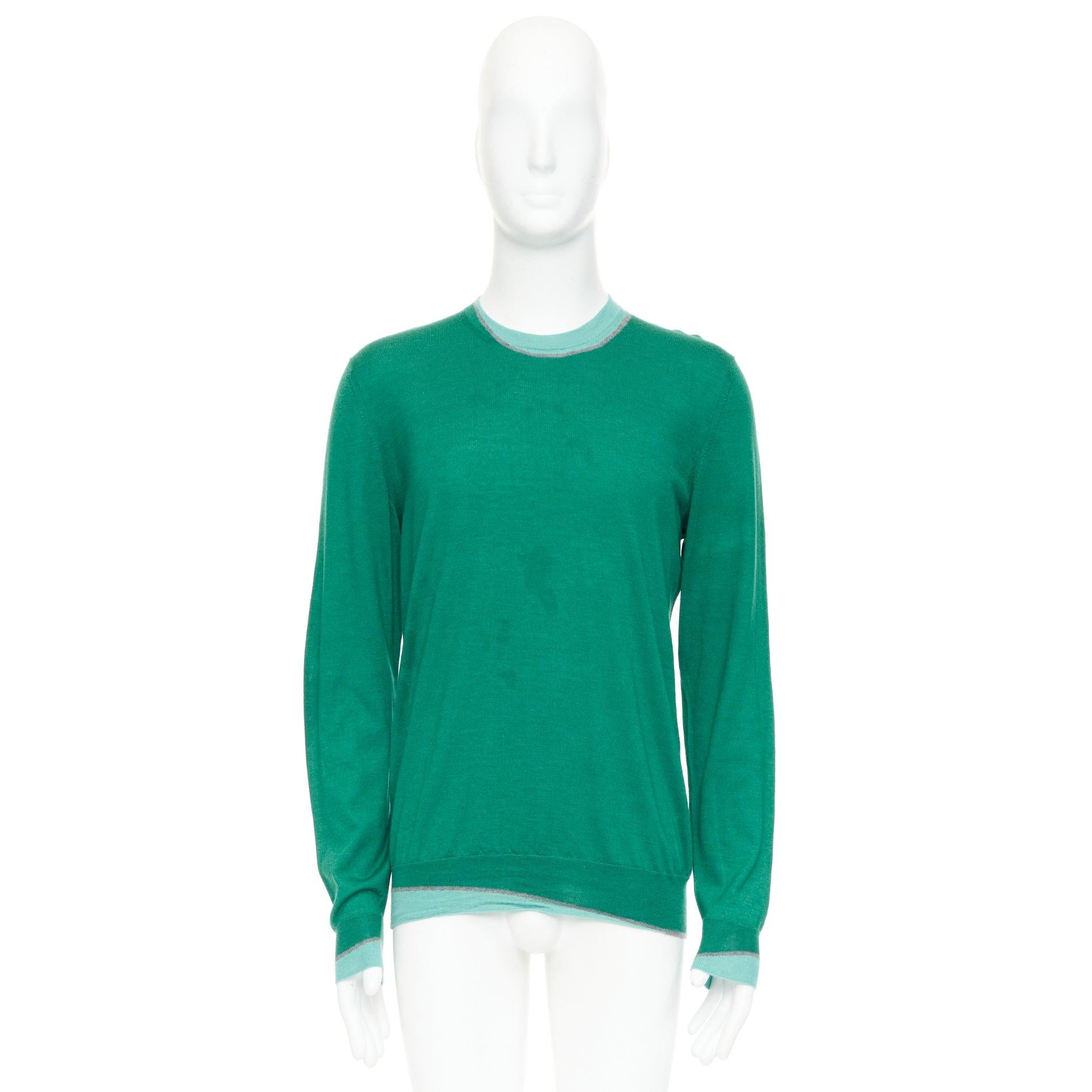 HERMES maglione a girocollo in cashmere misto seta con bordo verde-blu trompe loeil in vendita 5