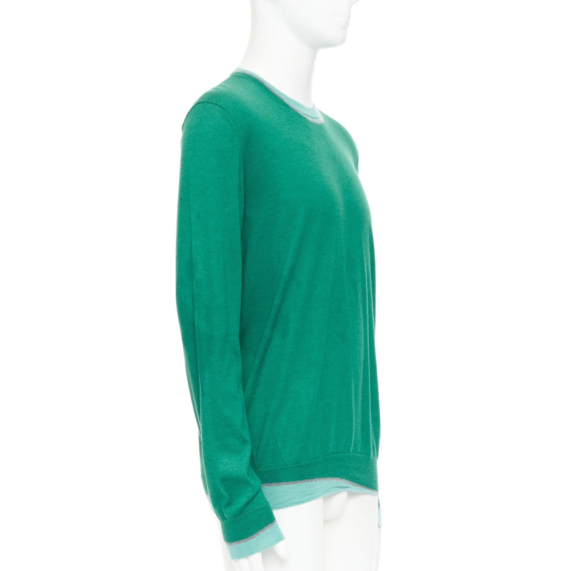 Blu HERMES maglione a girocollo in cashmere misto seta con bordo verde-blu trompe loeil in vendita