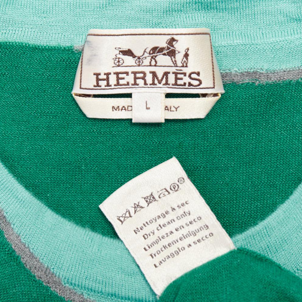 HERMES maglione a girocollo in cashmere misto seta con bordo verde-blu trompe loeil in vendita 4