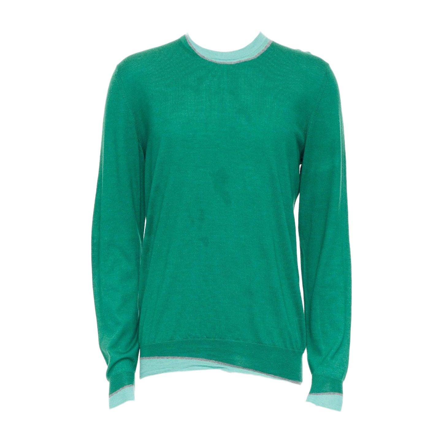 HERMES cashmere silk blend green blue border trompe loeil crewneck sweater