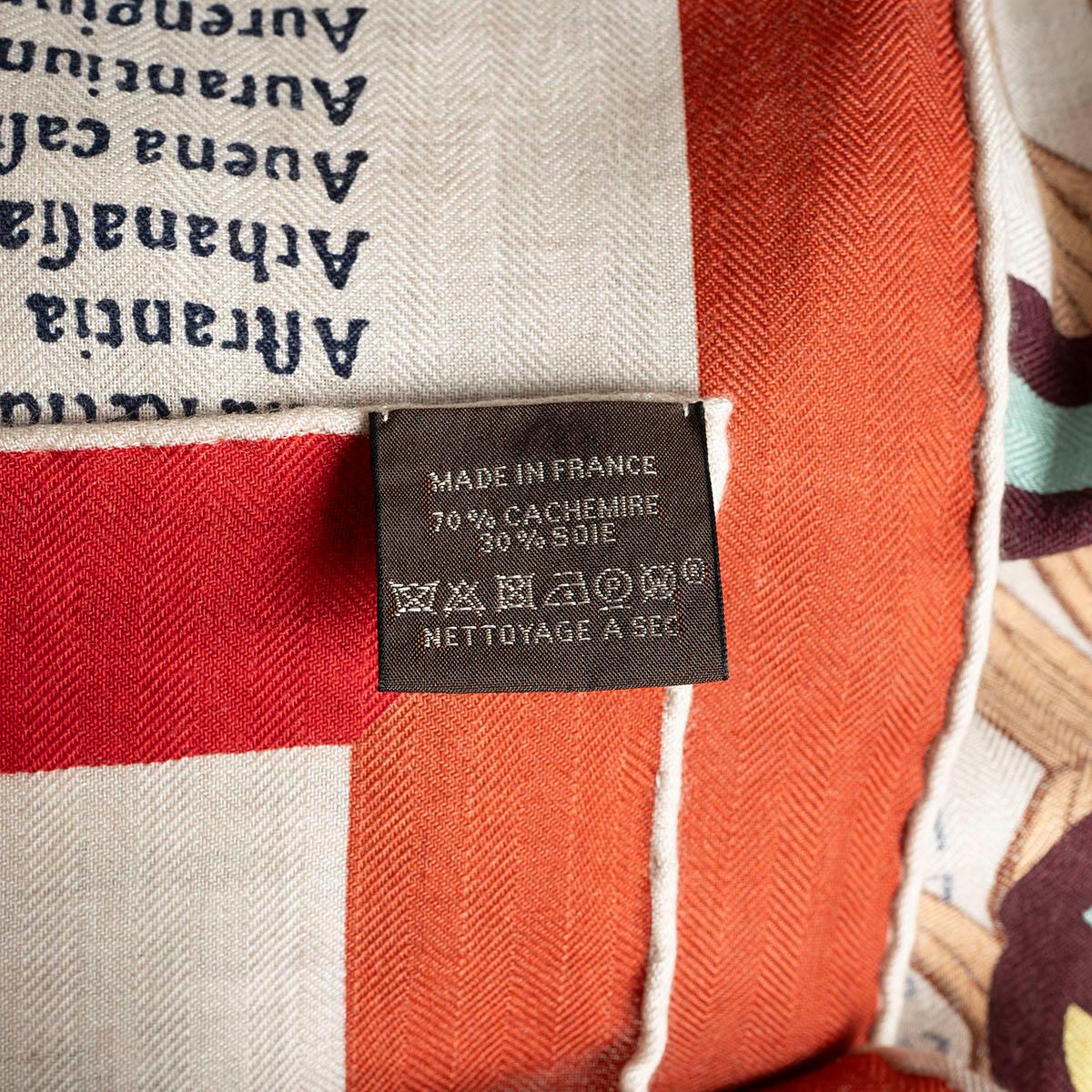 HERMES cashmere silk BOTANICA GRAFICA 140 Scarf Shawl Naturel Brique Jaune In Excellent Condition For Sale In Zürich, CH