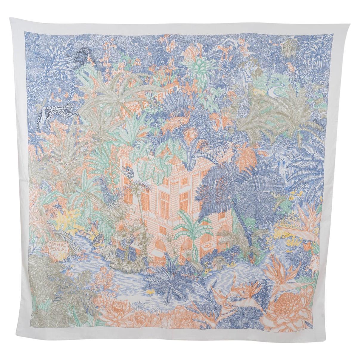HERMES cashmere silk FAUBOURG TROPICAL 140 Shawl Scarf Blanc Blue Apricot For Sale