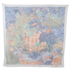 Used HERMES cashmere silk FAUBOURG TROPICAL 140 Shawl Scarf Blanc Blue Apricot