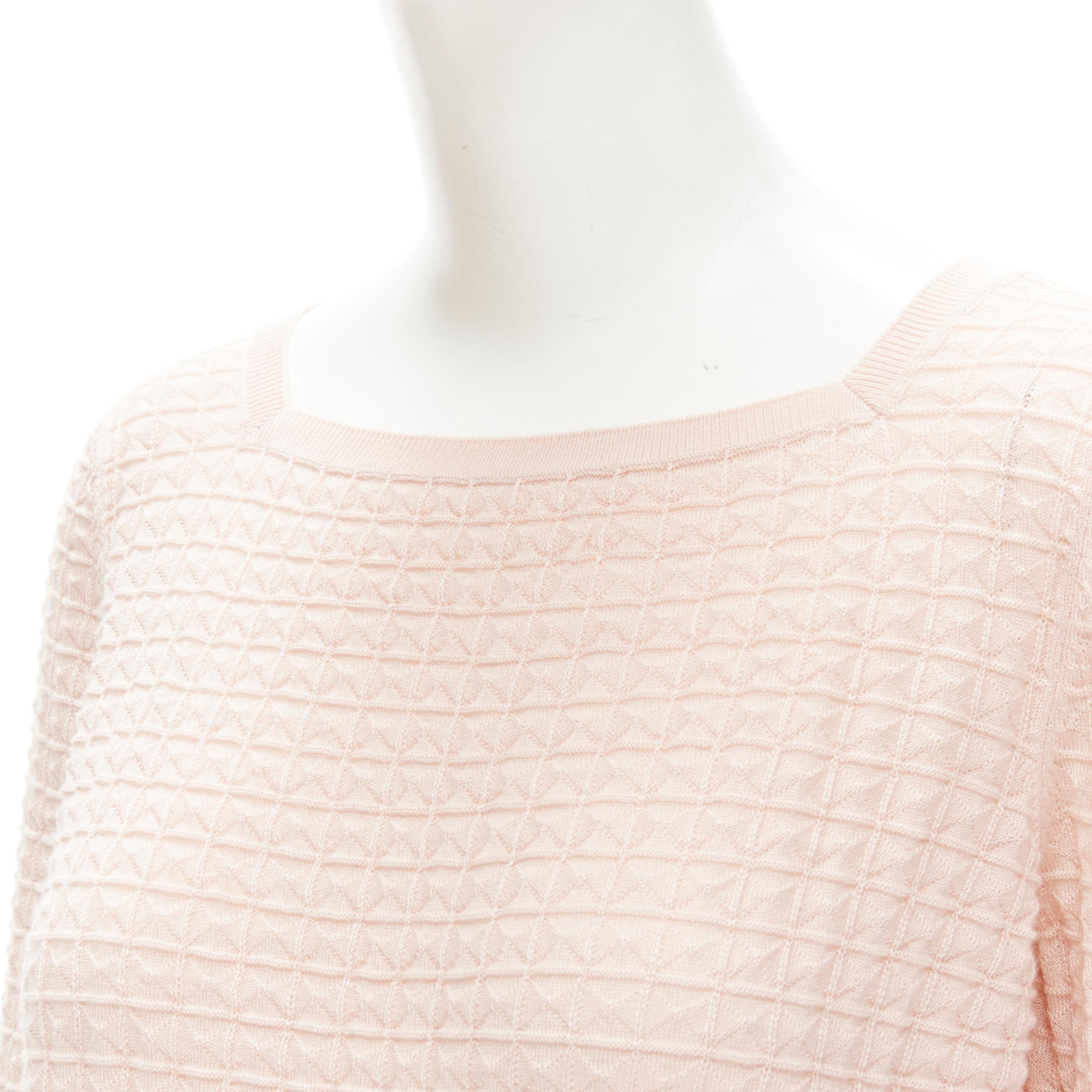 HERMES cashmere silk light pink geometric knit square neck sweater FR38 S
Brand: Hermes
Material: Cashmere
Color: Pink
Pattern: Solid
Extra Detail: Textured 3D knit. Square neckline
Made in: Italy

CONDITION:
Condition: Excellent, this item was