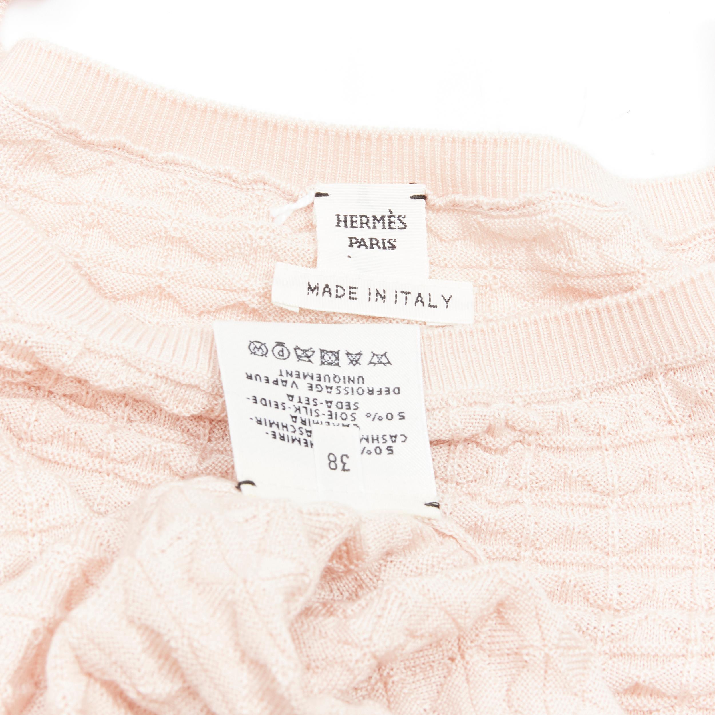 HERMES cashmere silk light pink geometric knit square neck sweater FR38 S 1