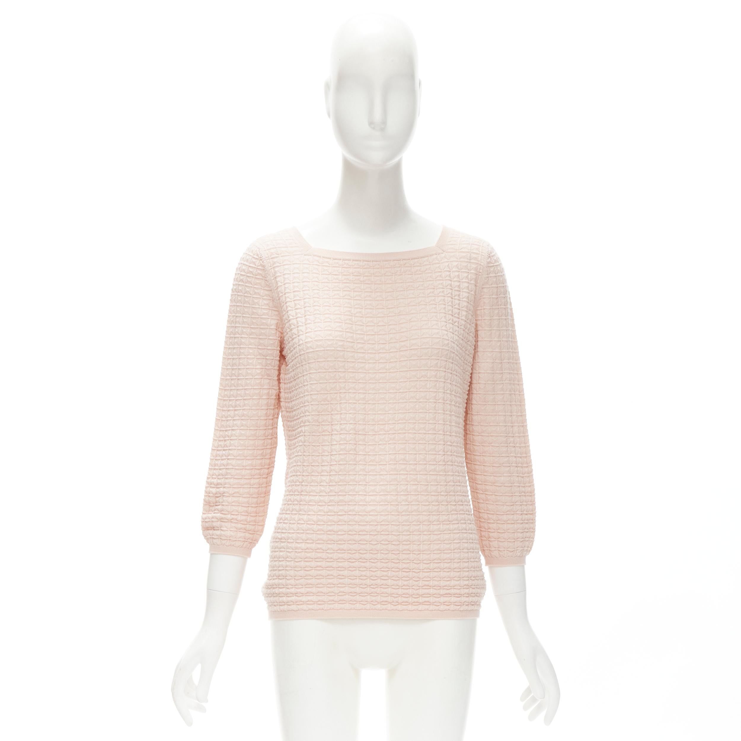 HERMES cashmere silk light pink geometric knit square neck sweater FR38 S 2